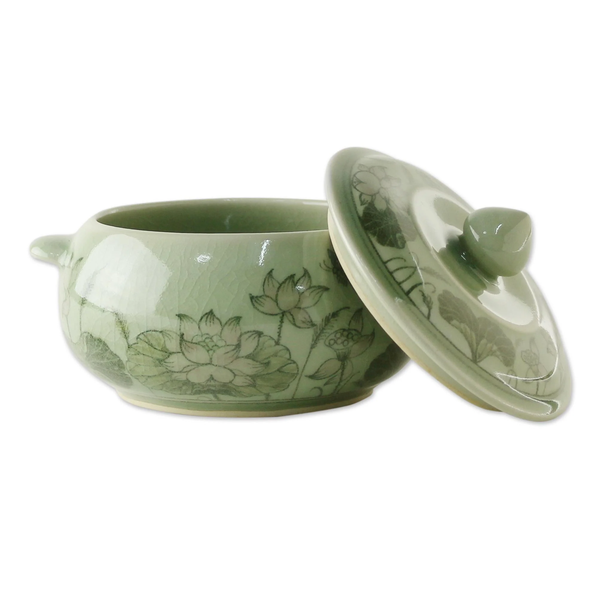 Lotus Bouquet Celadon Ceramic Floral Soup Bowl with Lid from Thailand - Image 5