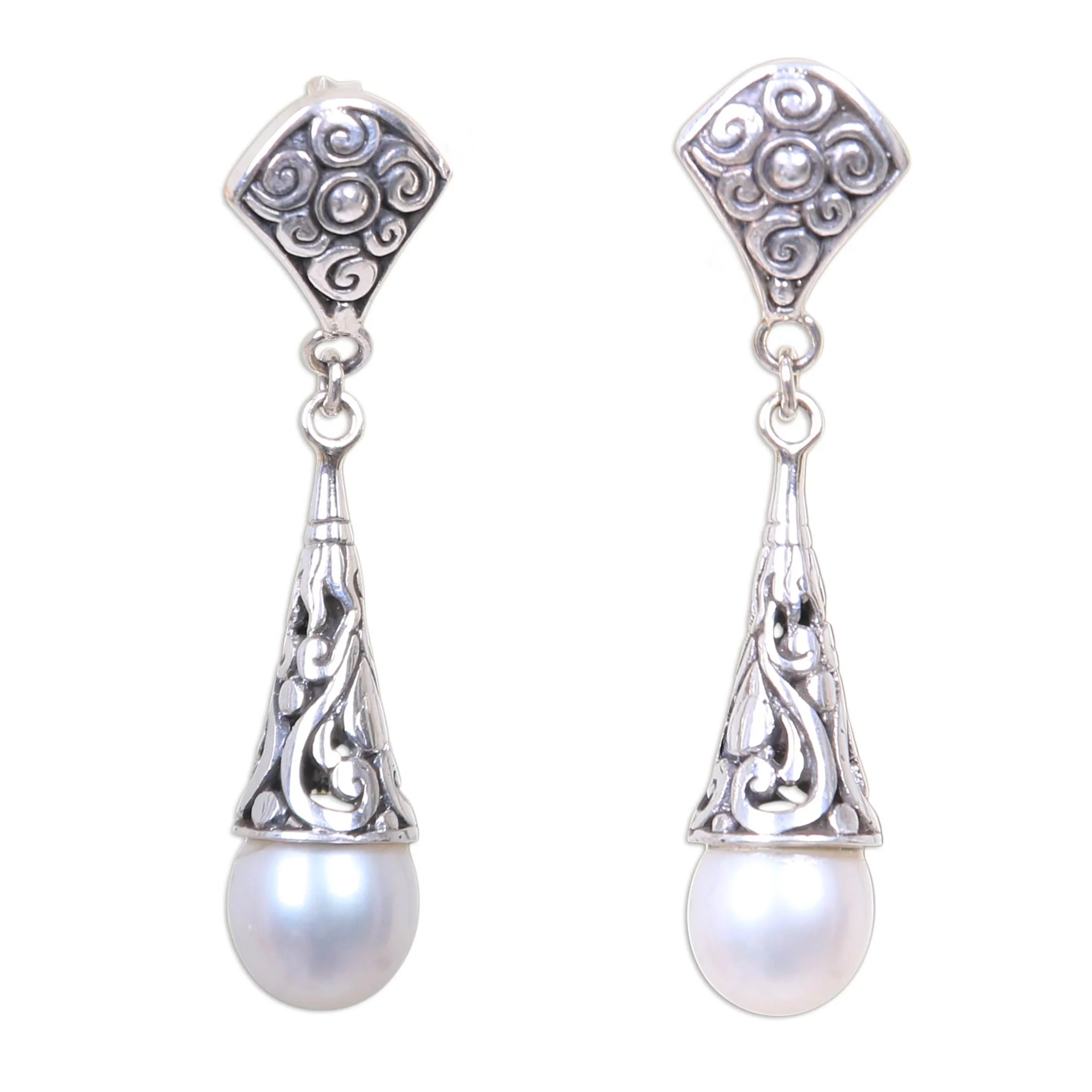 Lotus Bud Promise Balinese Cultured Pearl Earrings Crafted of Sterling Silver - Image 2