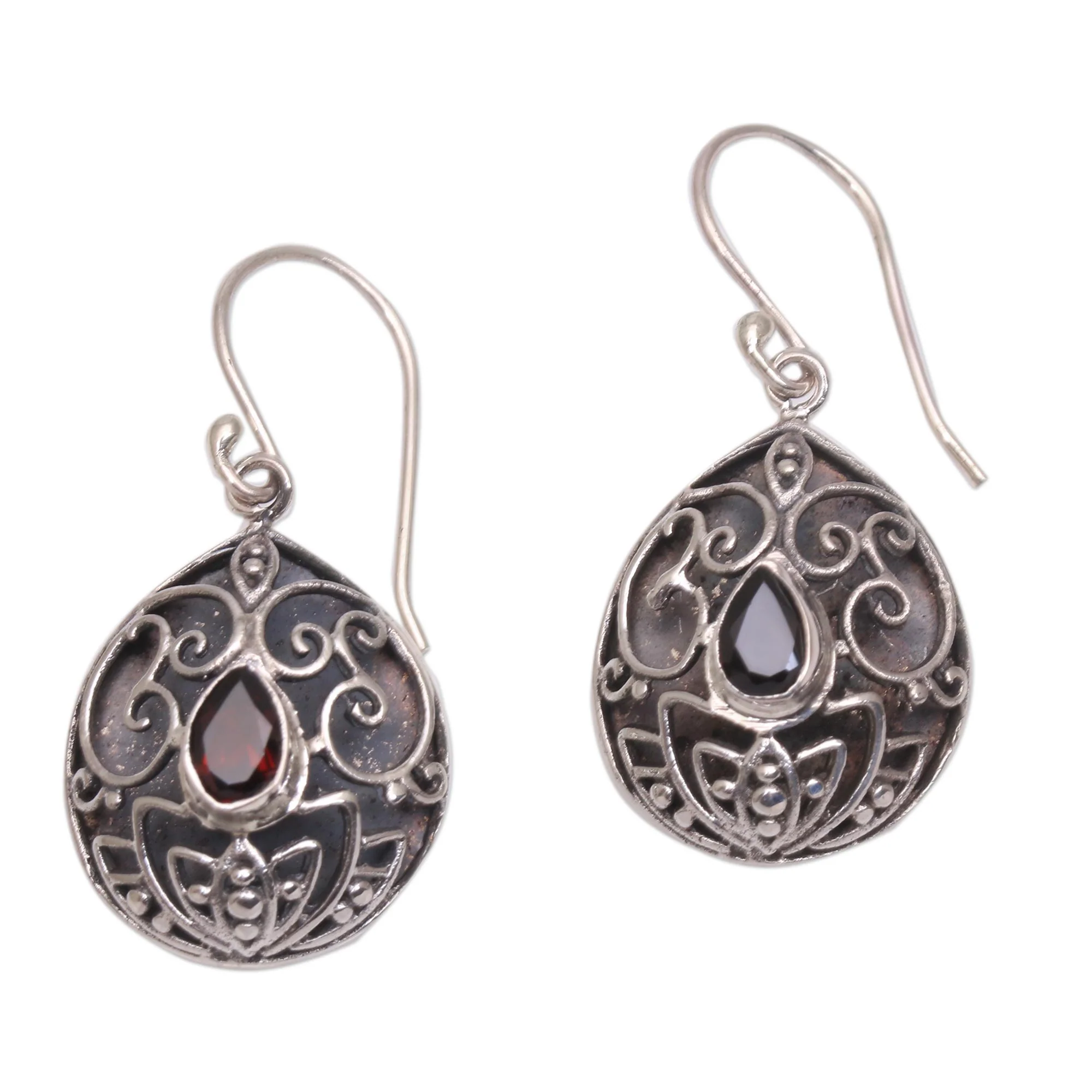 Lotus Fantasy Handcrafted Garnet Dangle Earrings from Bali - Image 2