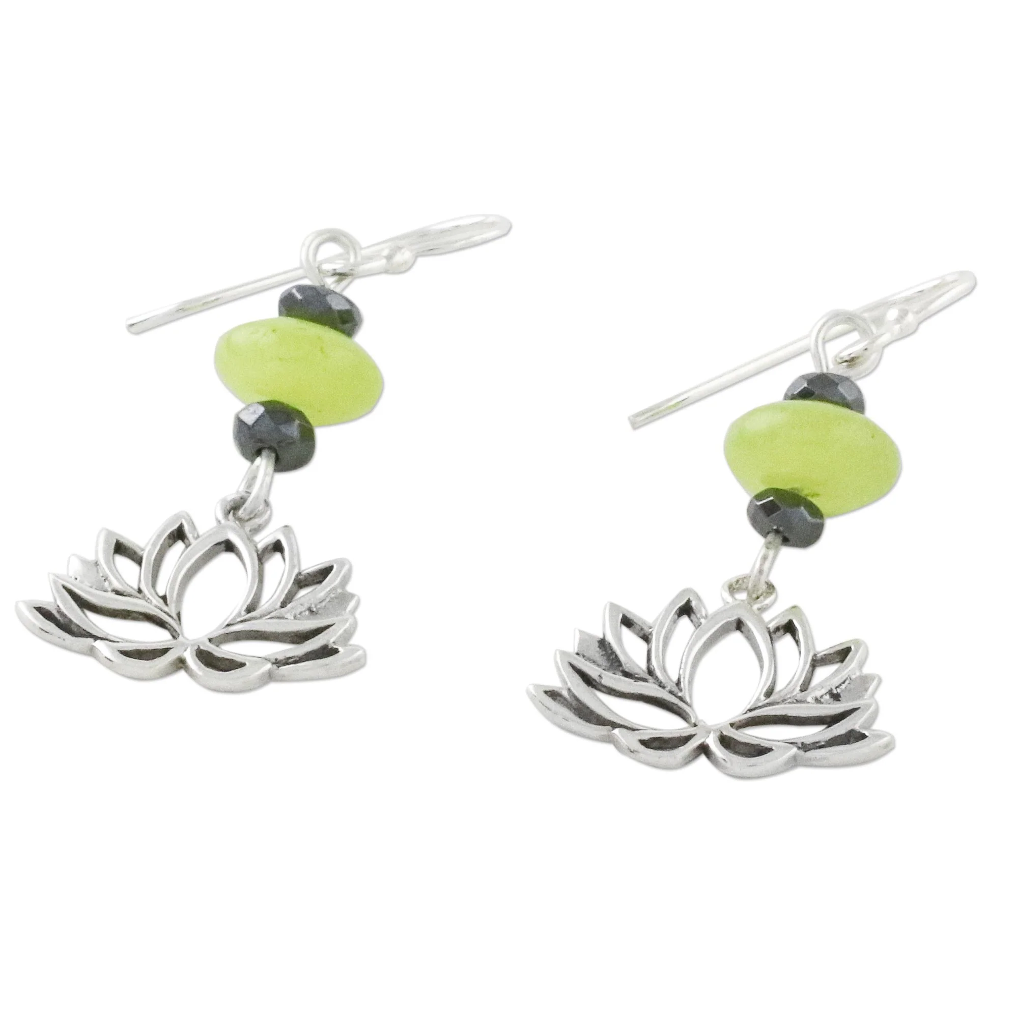 Lotus Gleam Handmade Agate and Hematite Lotus Dangle Earrings - Image 4