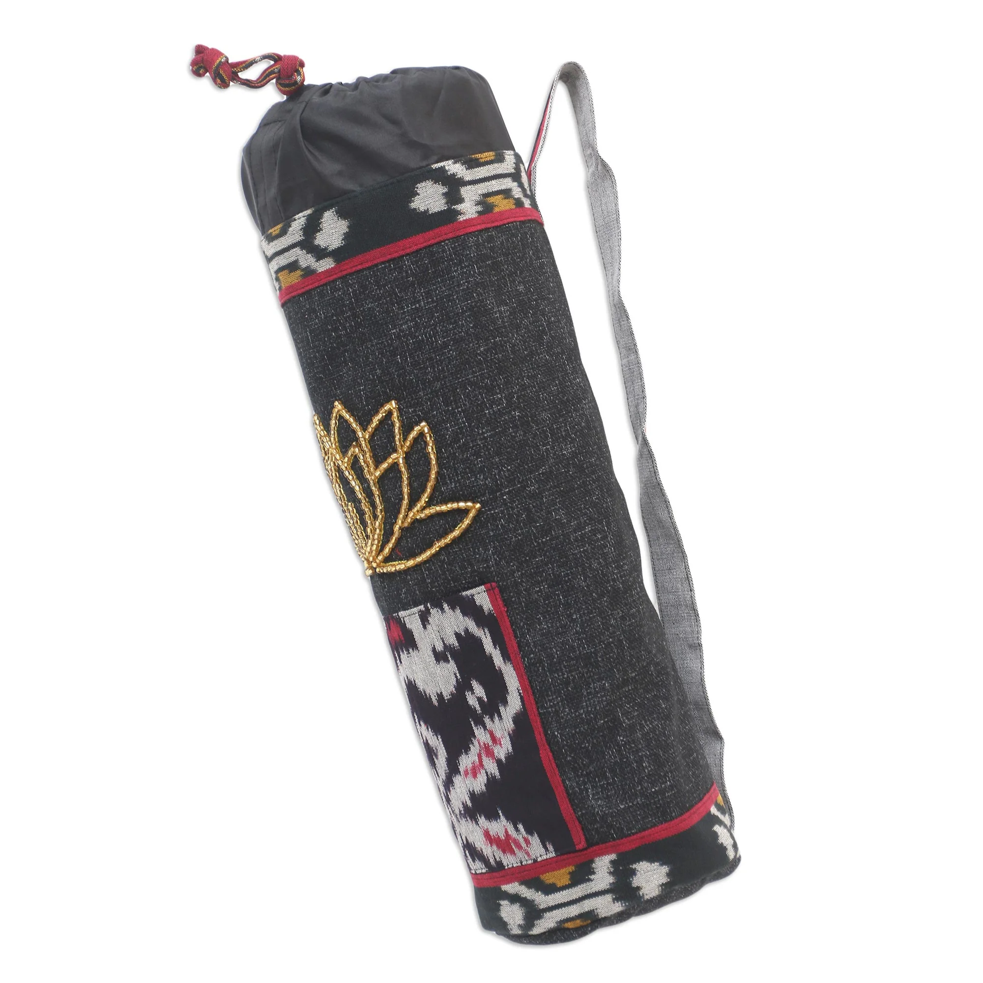 Lotus Lagoon in Black Ikat Cotton Yoga Mat Bag with Glass Bead Motif - Image 4