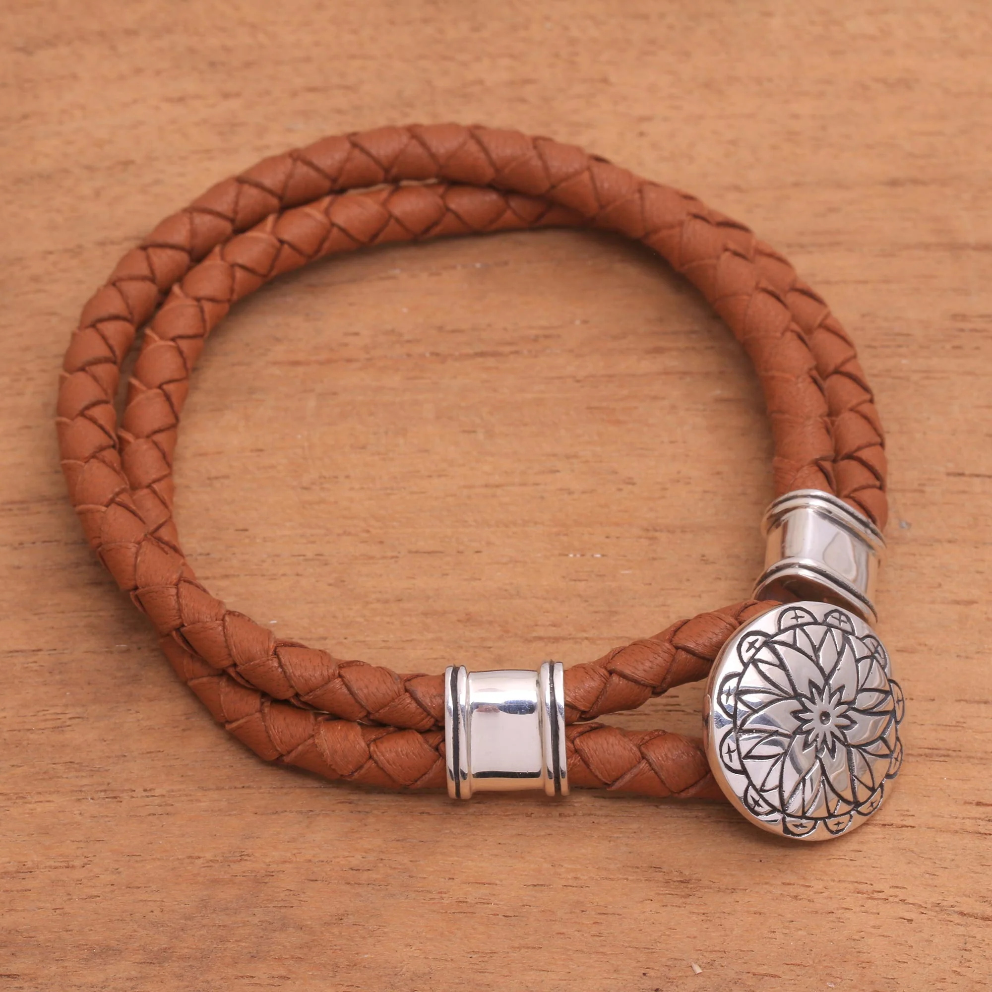 Lotus Leather Accent Sterling Silver Bracelet with Lotus Pendant - Image 3