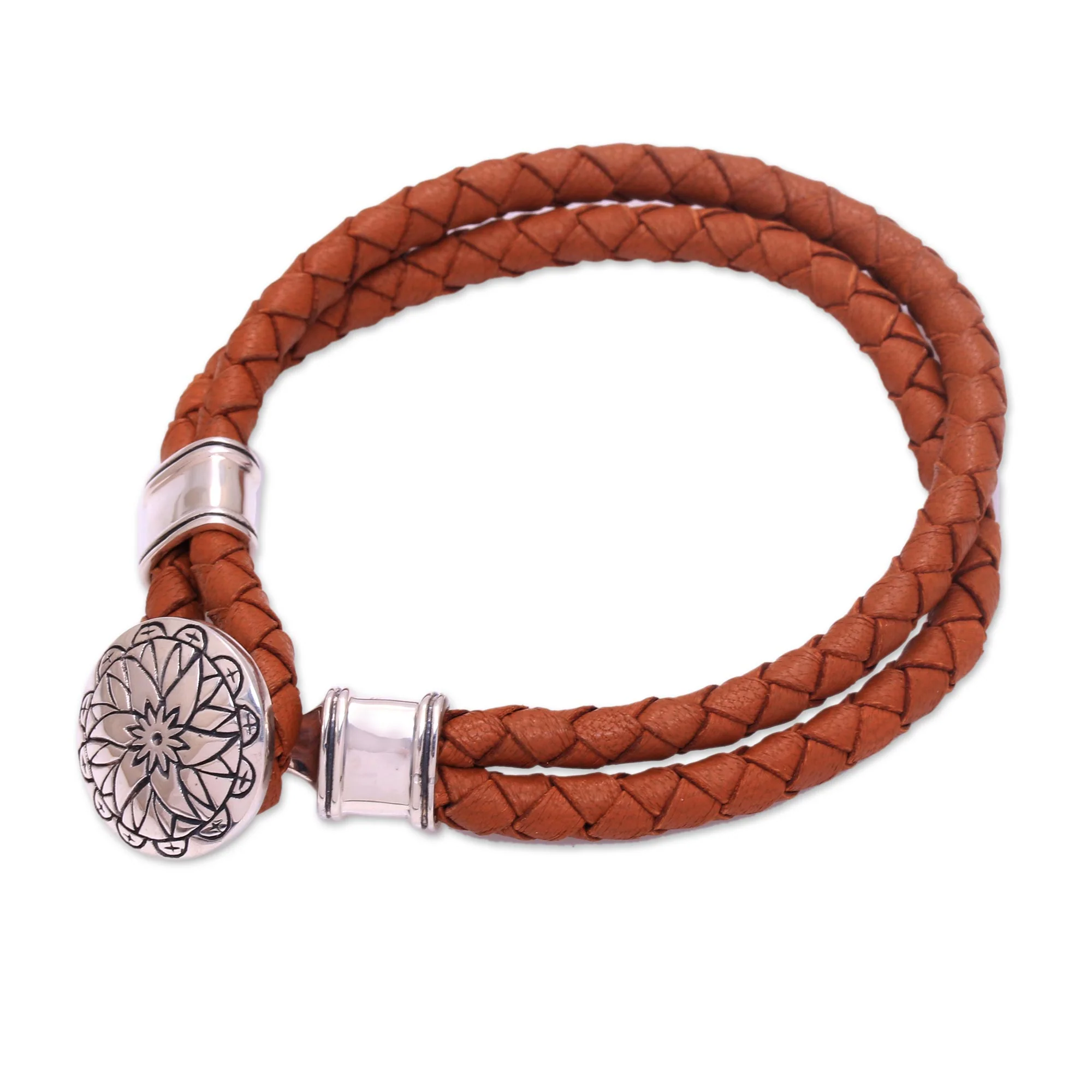Lotus Leather Accent Sterling Silver Bracelet with Lotus Pendant - Image 4