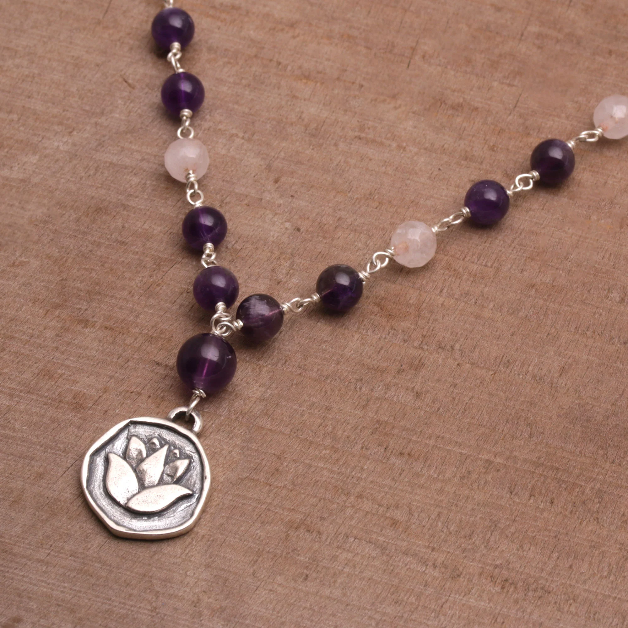 Lotus Power Amethyst and Rose Quartz Pendant Necklace from Bali - Image 4