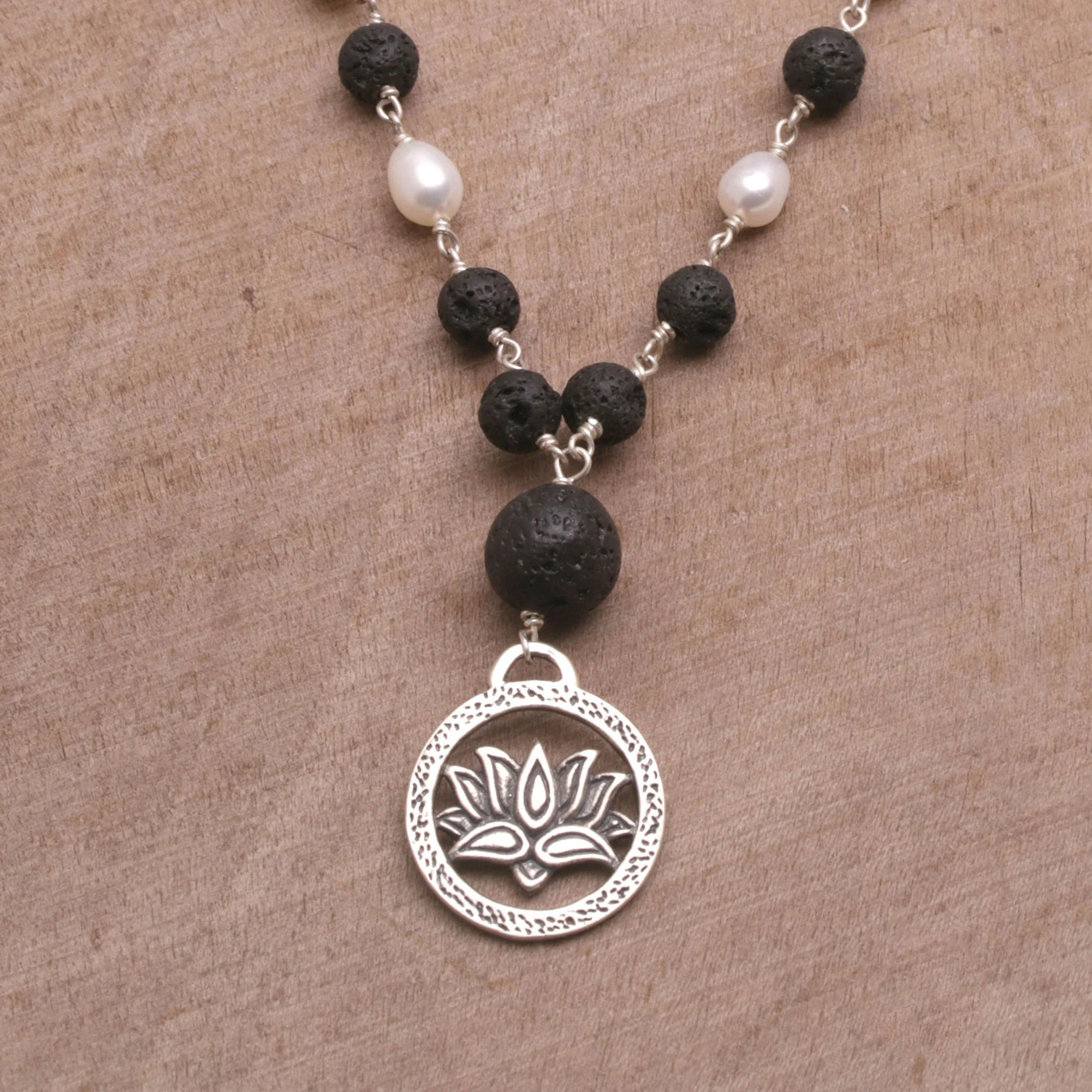 Lotus Power Cultured Pearl and Lava Stone Pendant Necklace from Bali - Image 3