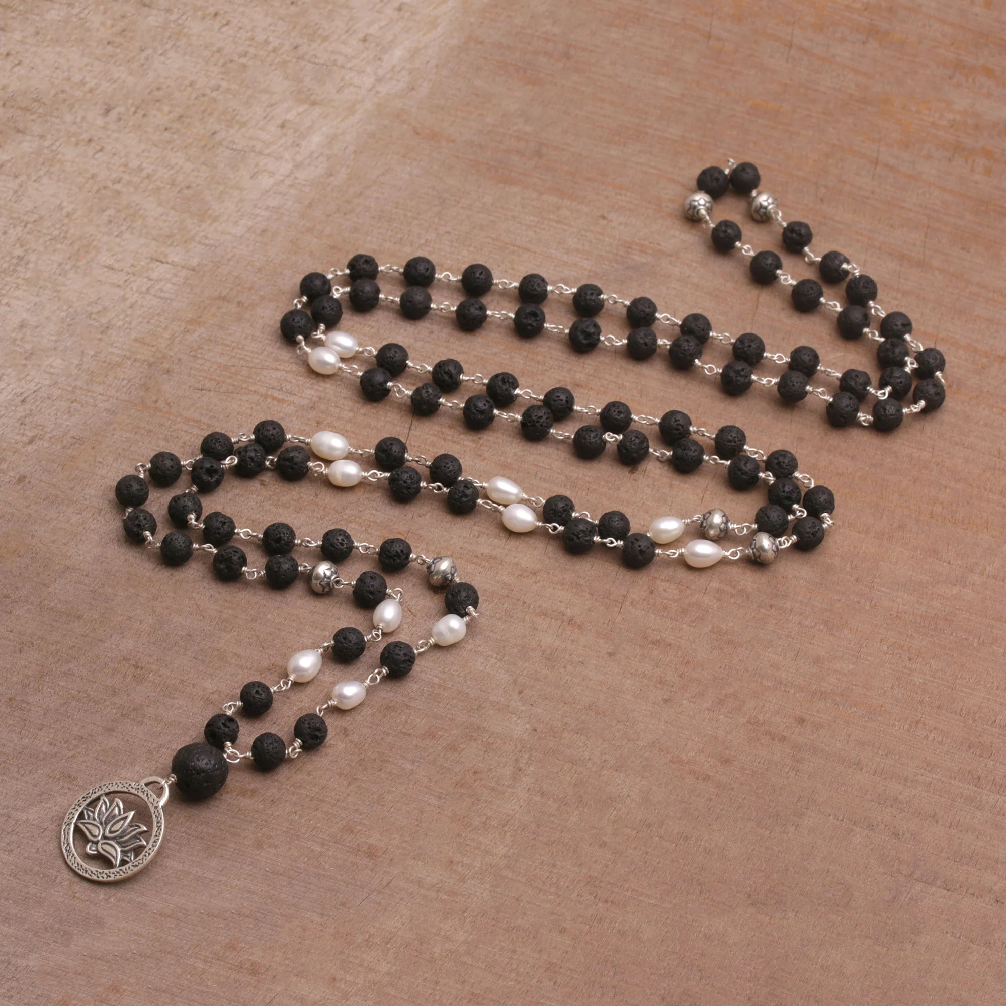 Lotus Power Cultured Pearl and Lava Stone Pendant Necklace from Bali - Image 4