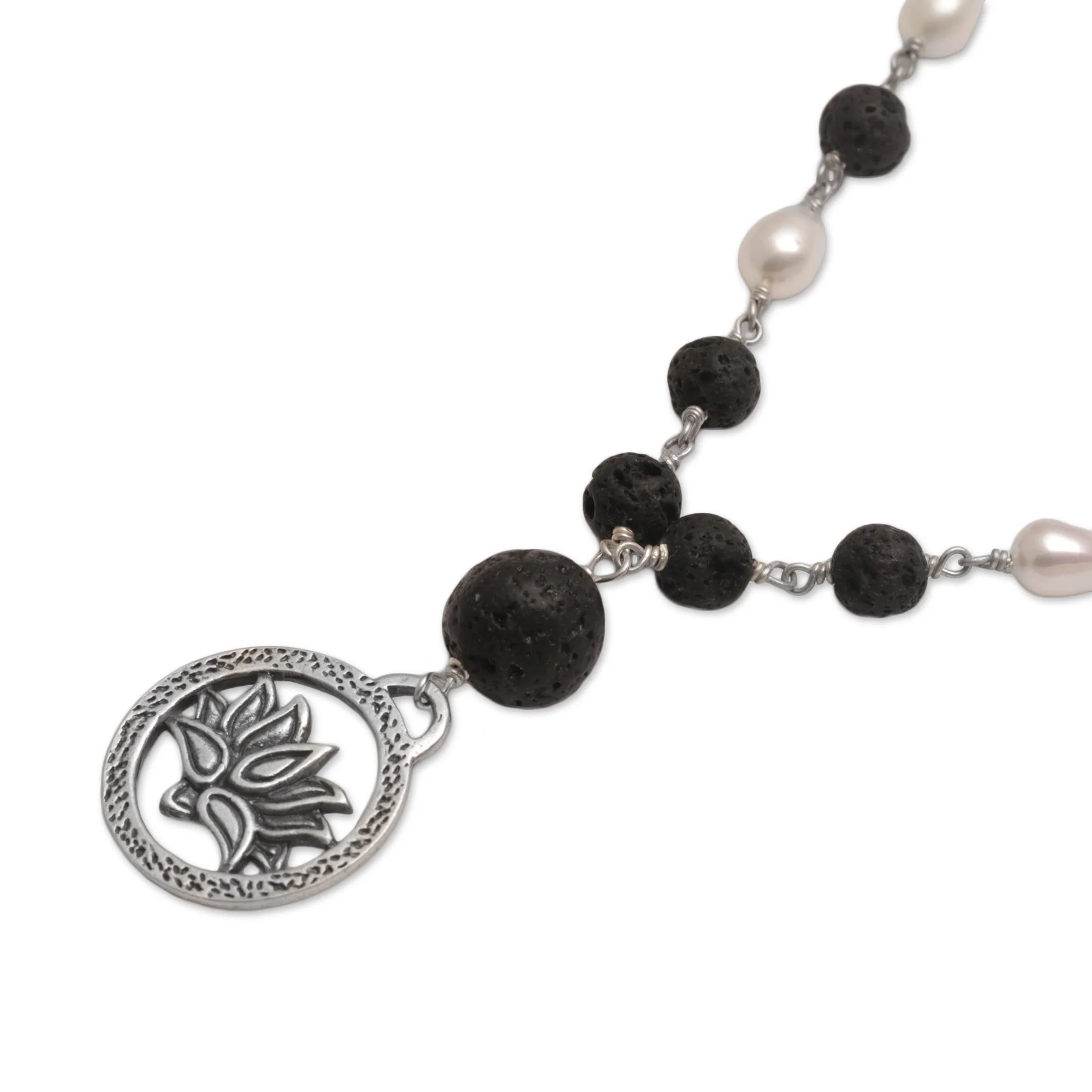 Lotus Power Cultured Pearl and Lava Stone Pendant Necklace from Bali - Image 5