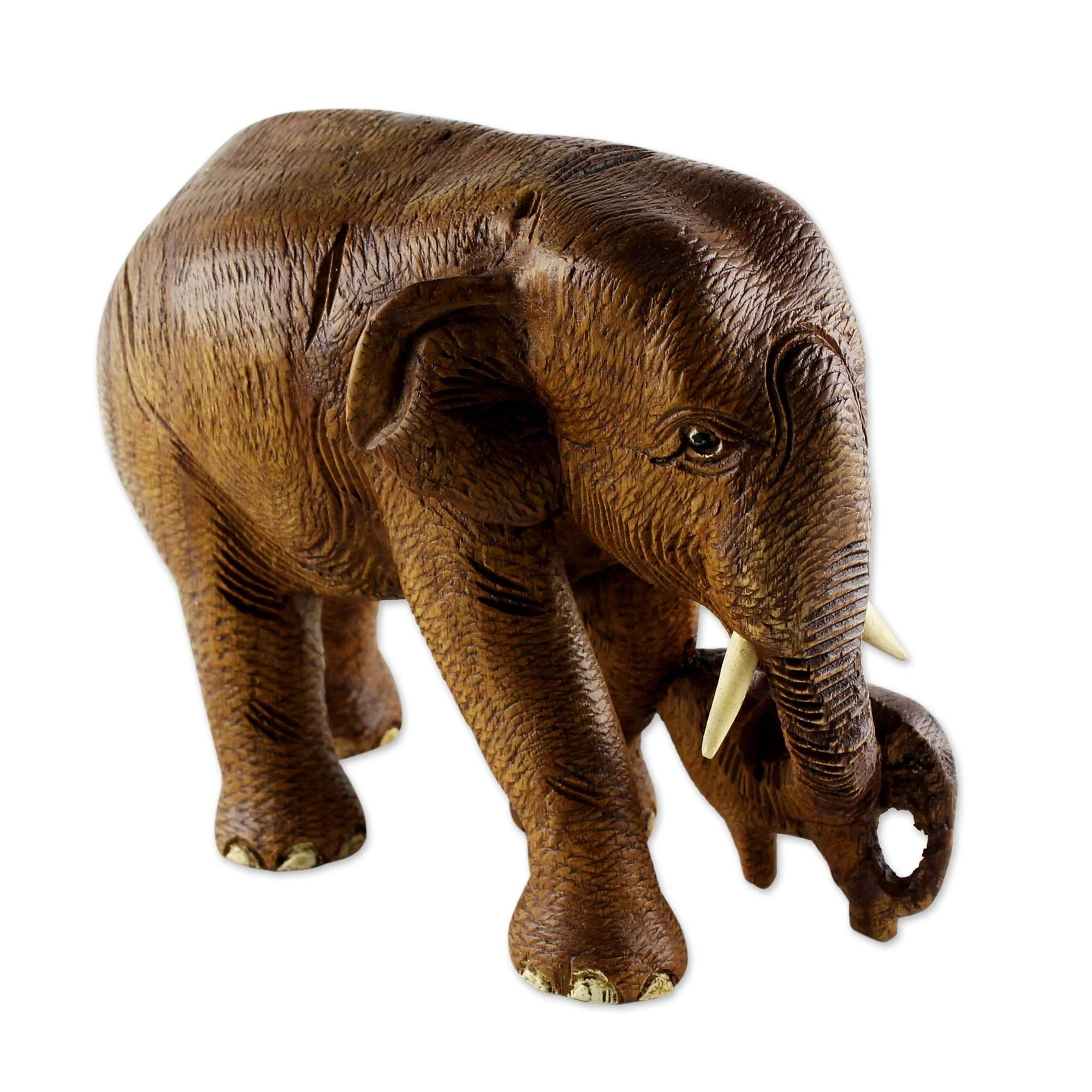Love and Care in Brown Brown Teak Wood Sculpture of Mother and Child Thai Elephants - Image 5