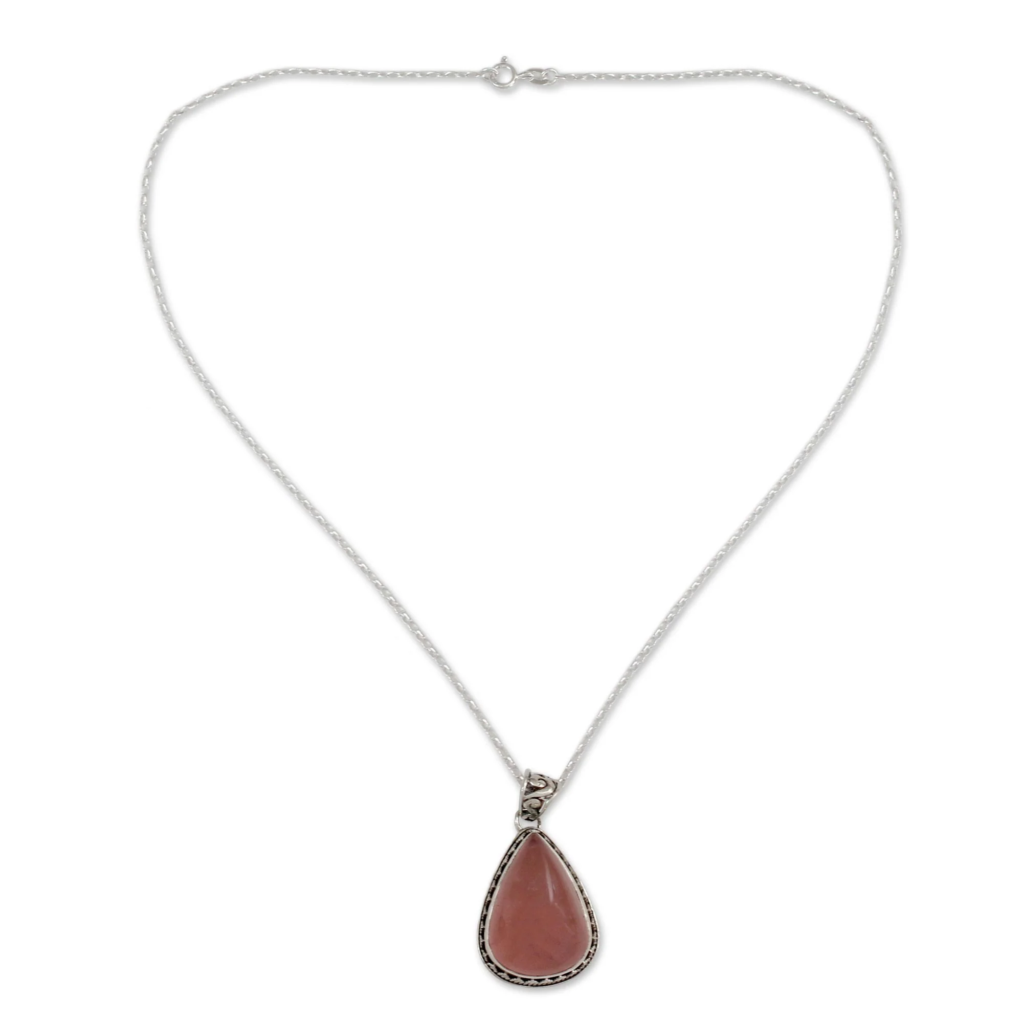 Love Drop Rose Quartz Silver Pendant Necklace - Image 2