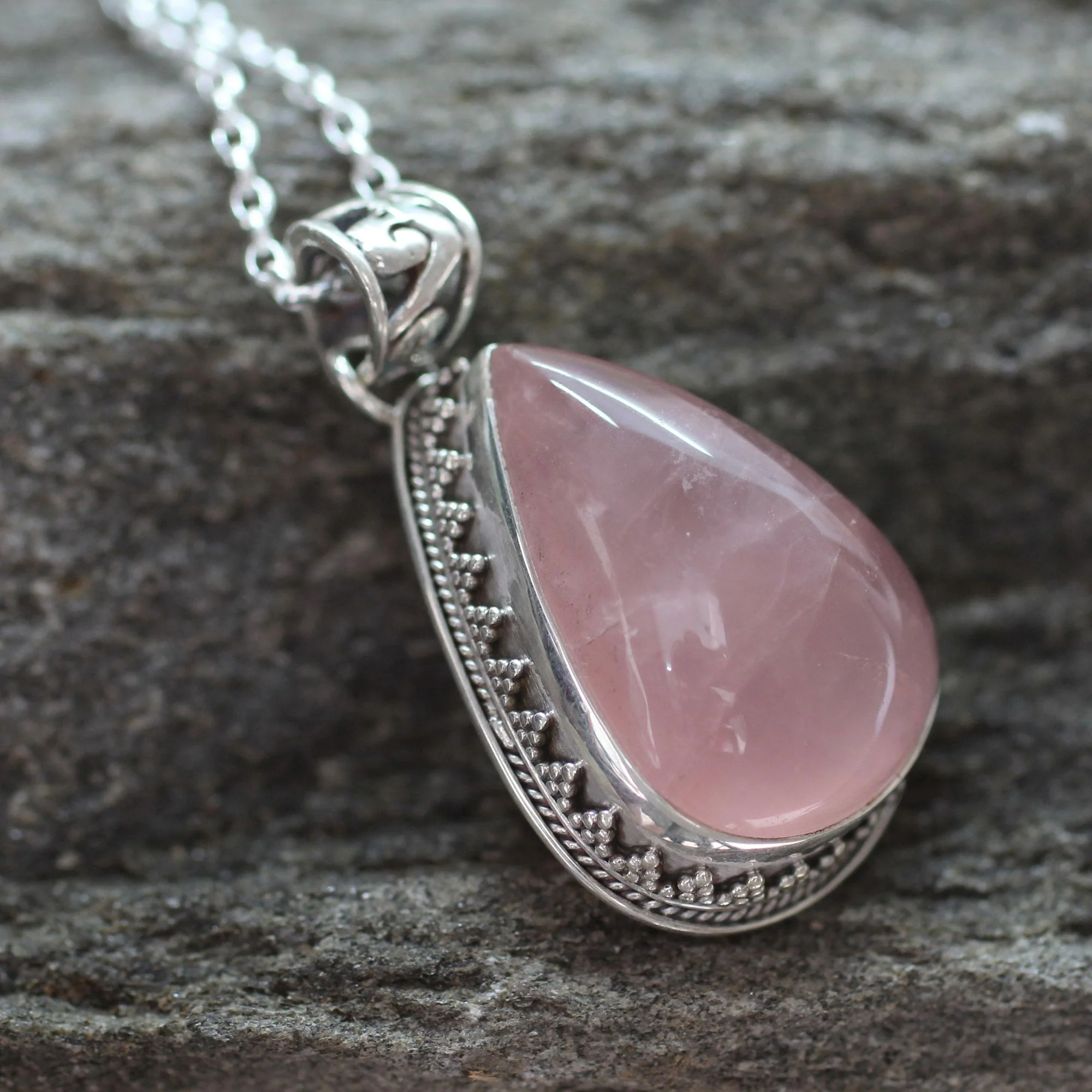 Love Drop Rose Quartz Silver Pendant Necklace - Image 3