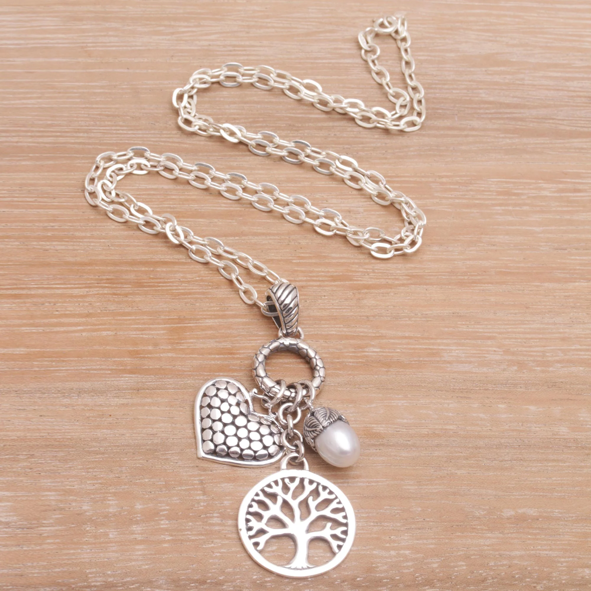 Love in the Forest Heart and Tree Cultured Pearl Pendant Necklace from Bali - Image 3