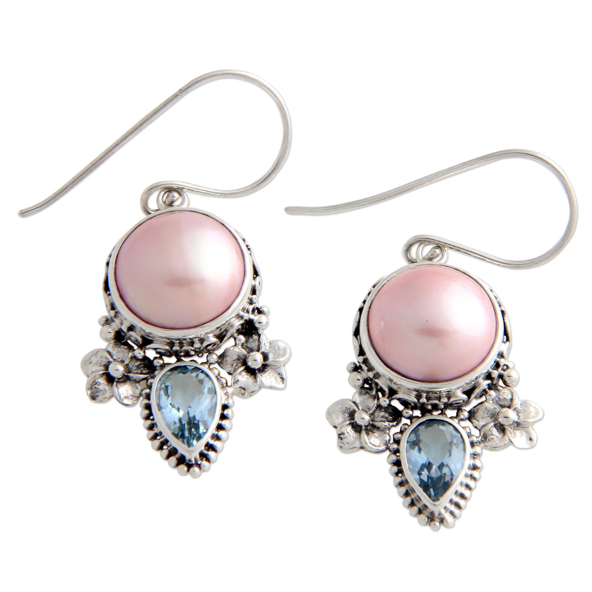 Love Moon Hand Made Pearl and Blue Topaz Dangle Earrings - Image 2