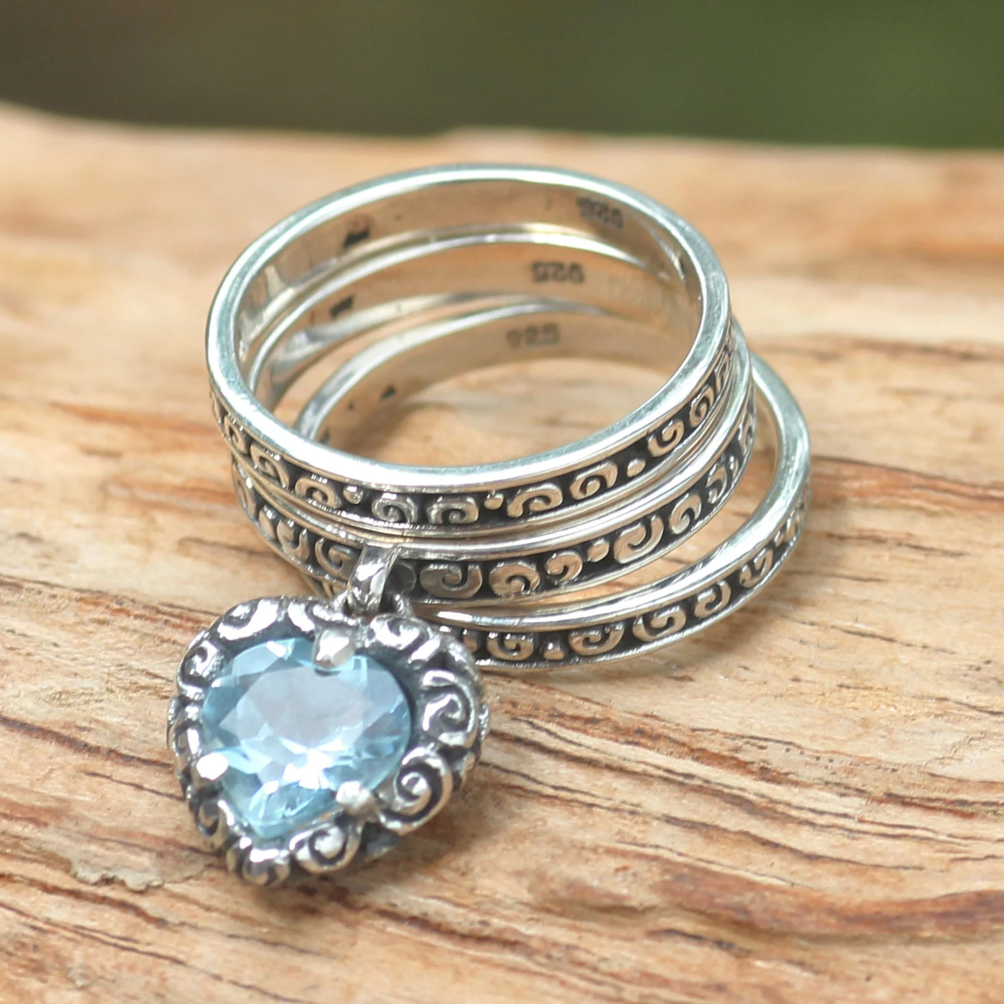 Love Sparkles Blue Topaz Heart in 3 Sterling Silver Stacking Rings - Image 3