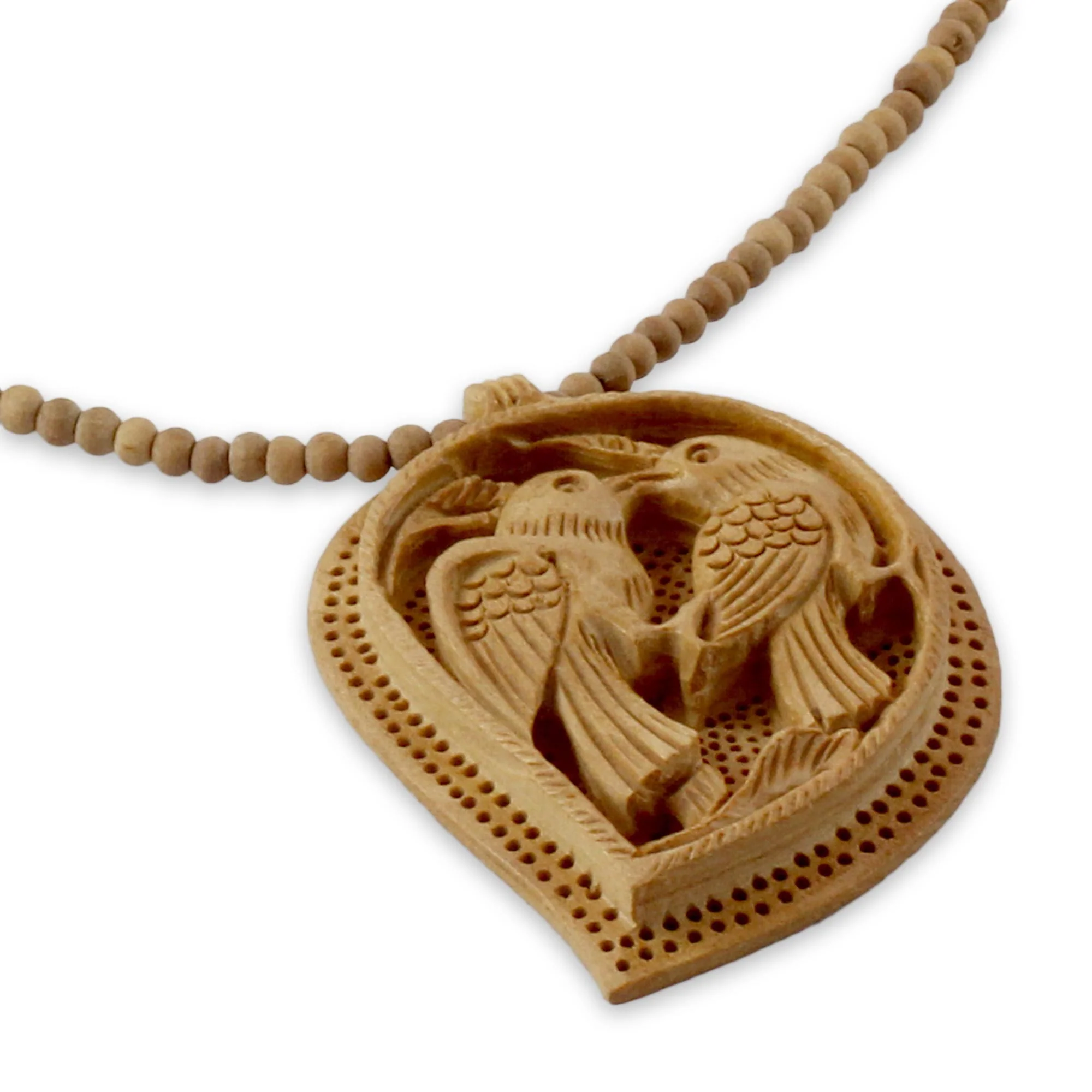 Love Takes Wing Hand Carved Wood Necklace from India Jewelry Collection - Image 3
