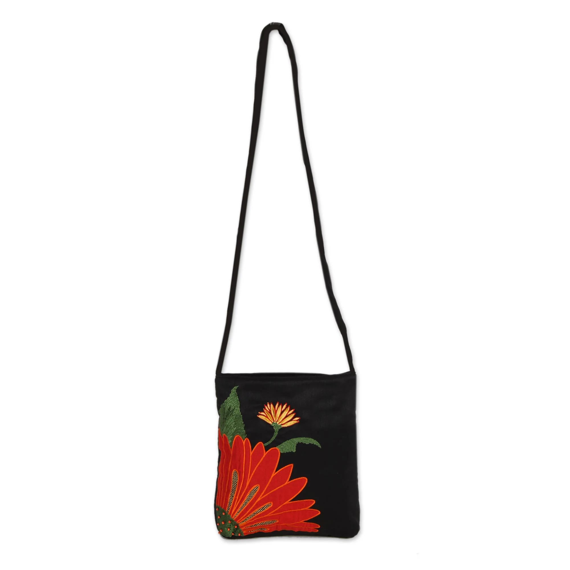 Lovely Blossom Embroidered Floral Cotton Sling Handbag from India - Image 3