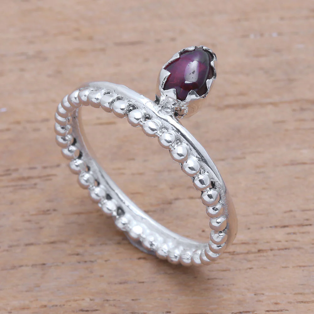 Lovely Serenity Dot Motif Garnet Band Ring Crafted in Bali - Image 3