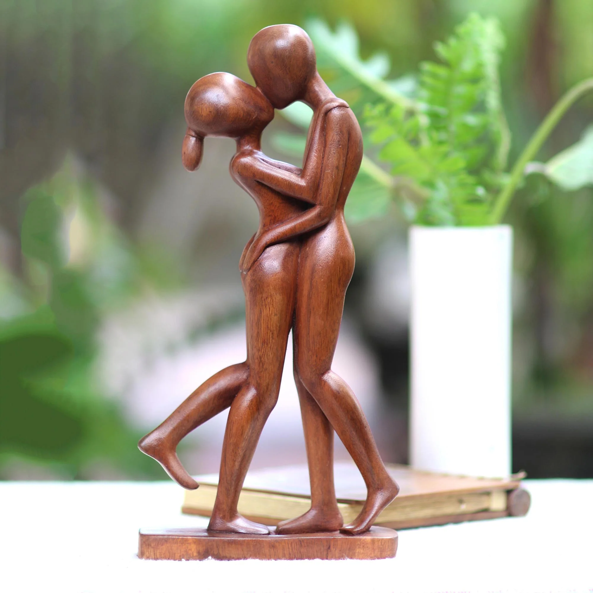 Lover's Kiss Hand-Carved Romantic Suar Wood Sculpture from Bali - Image 3