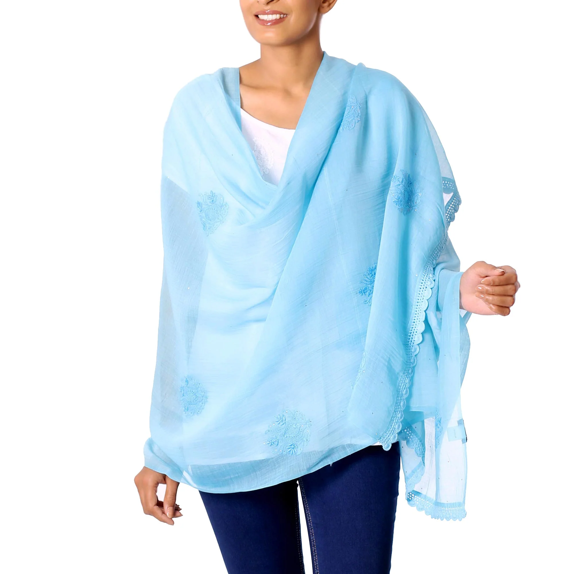Lucknow Bouquet in Blue Hand Embroidered Sky Blue Cotton Blend Shawl from India - Image 2