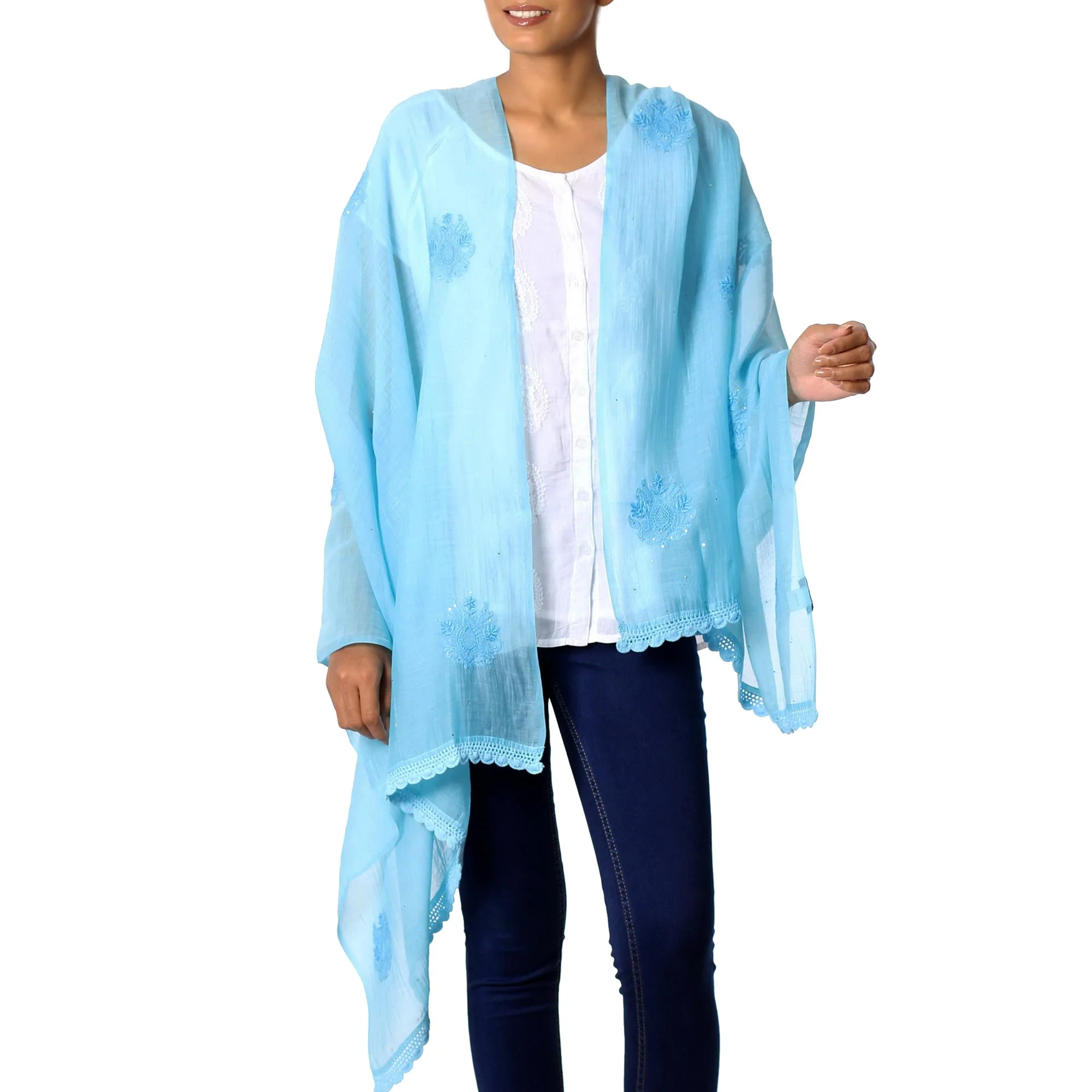 Lucknow Bouquet in Blue Hand Embroidered Sky Blue Cotton Blend Shawl from India - Image 3