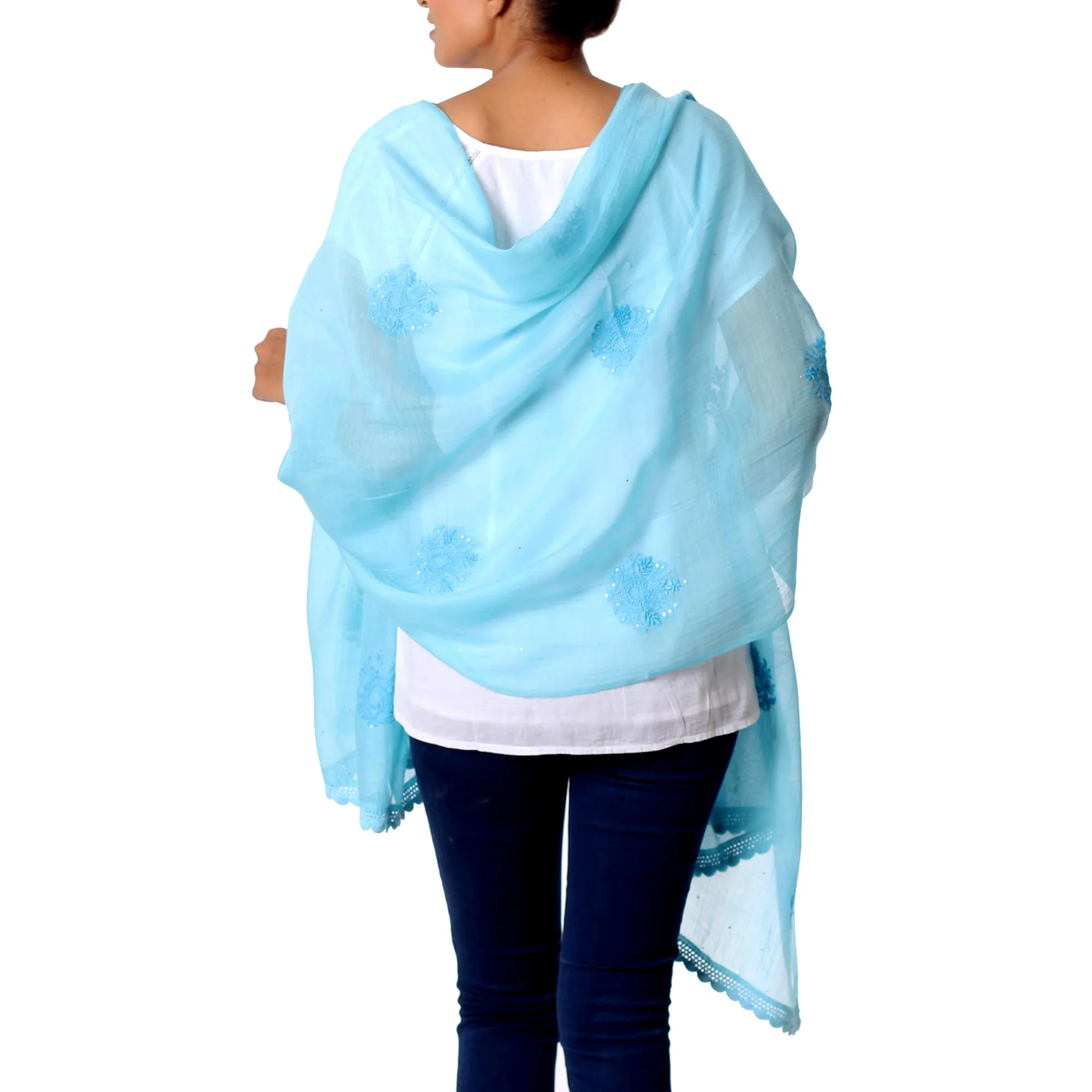 Lucknow Bouquet in Blue Hand Embroidered Sky Blue Cotton Blend Shawl from India - Image 4