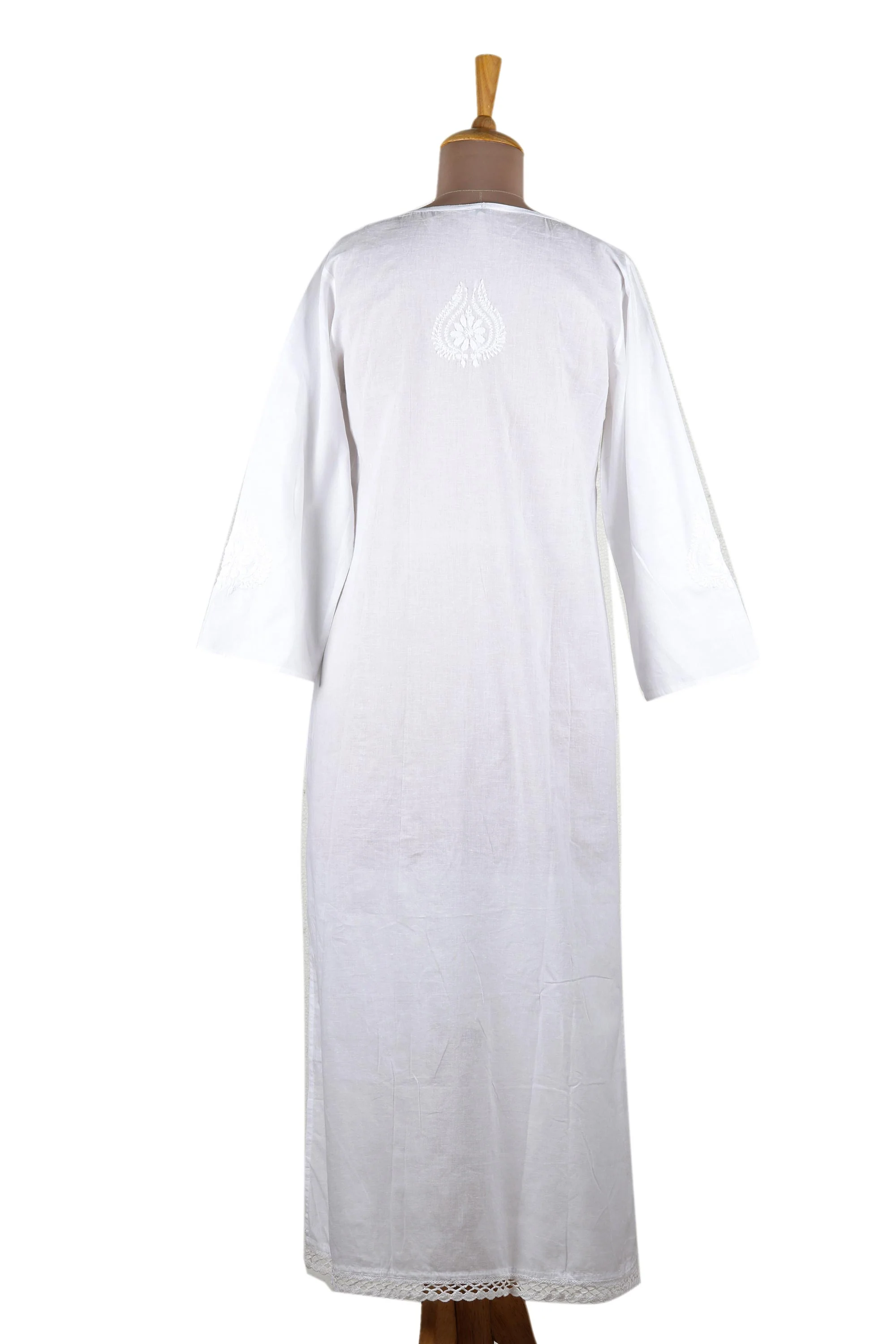 Lucknow Lily Long White Embroidered Caftan from India - Image 5
