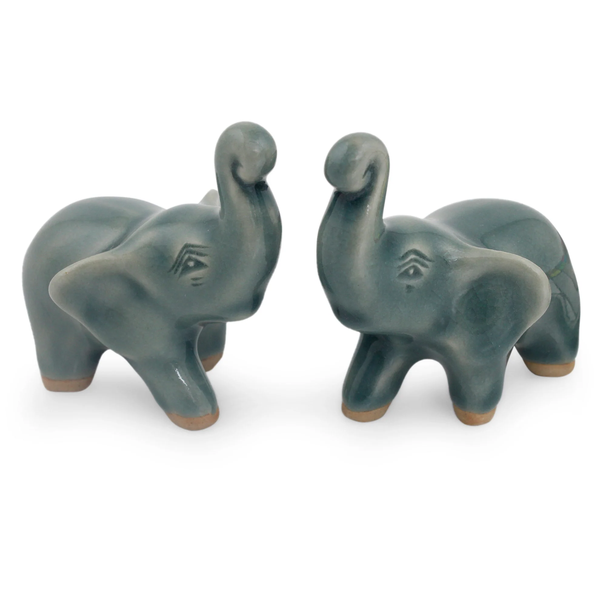 Lucky Blue Elephants 2 Blue Celadon Ceramic Handcrafted Lucky Elephant Figurines - Image 2