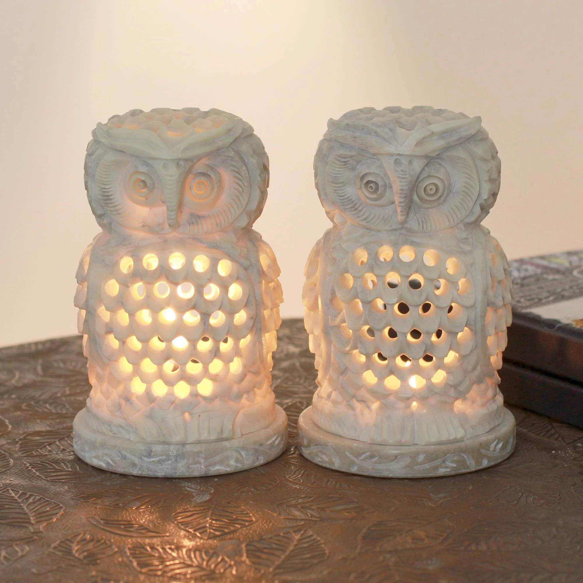 Lucky Owls Handcrafted Natural Soapstone Candleholders - Image 3