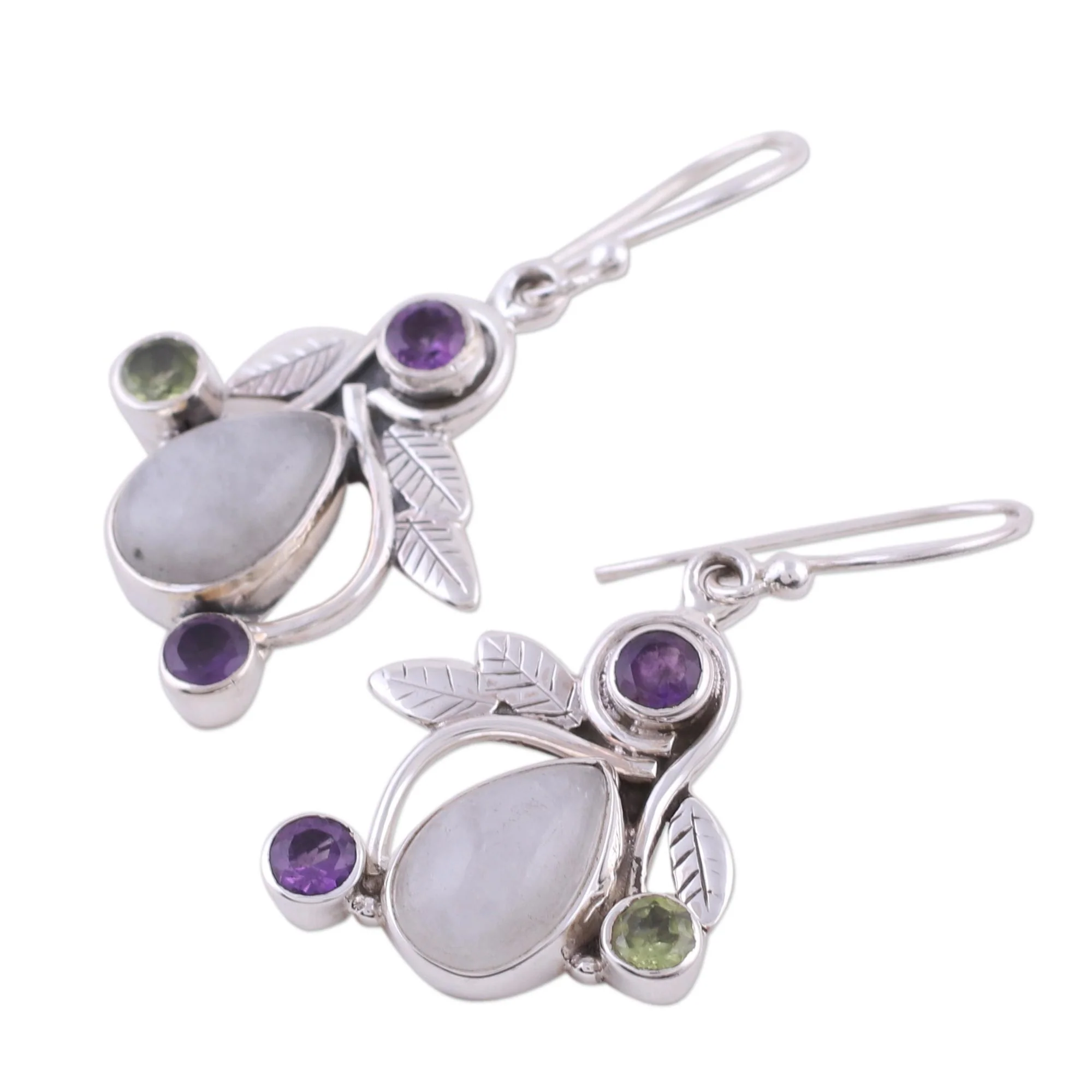 Luminous Beauty Rainbow Moonstone, Amethyst and Peridot Earrings from India - Image 4