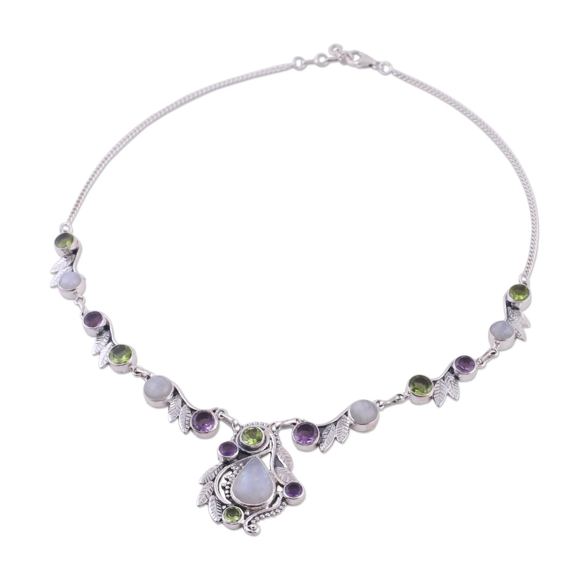Luminous Beauty Sterling Silver and Multigem Pendant Necklace from India - Image 2