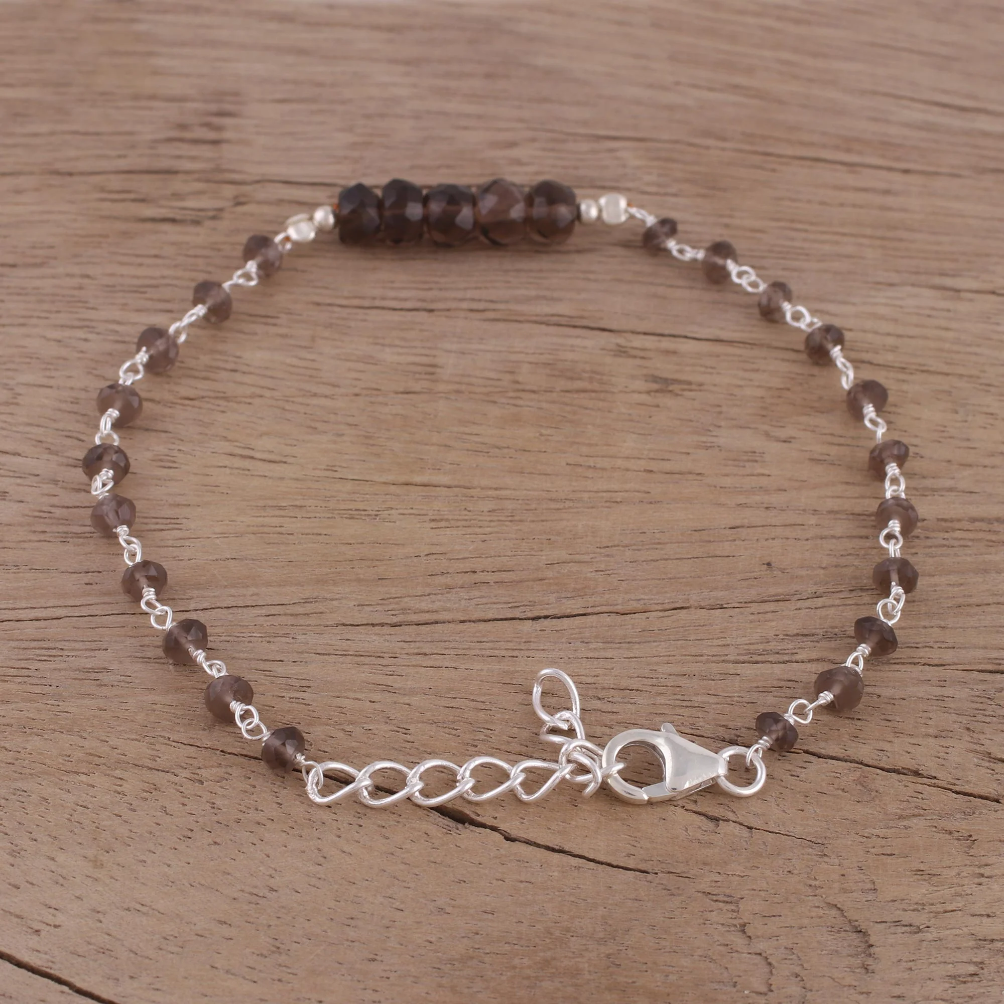 Luminous Brown Handcrafted Smoky Quartz and Sterling Silver Link Bracelet - Image 4