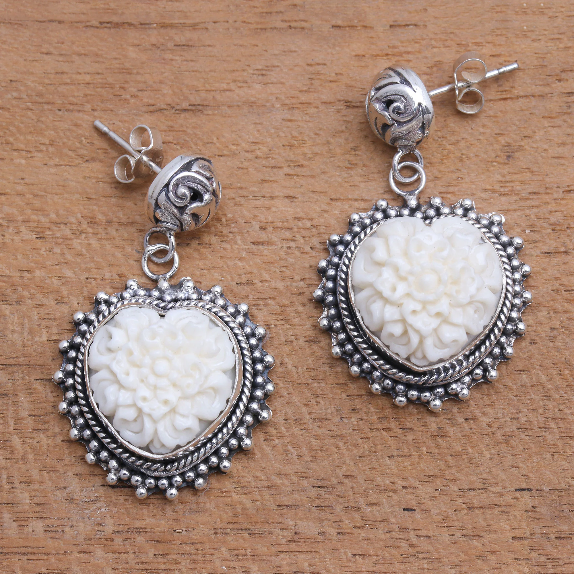 Luminous Petals Floral Sterling Silver and Bone Dangle Earrings from Bali - Image 3