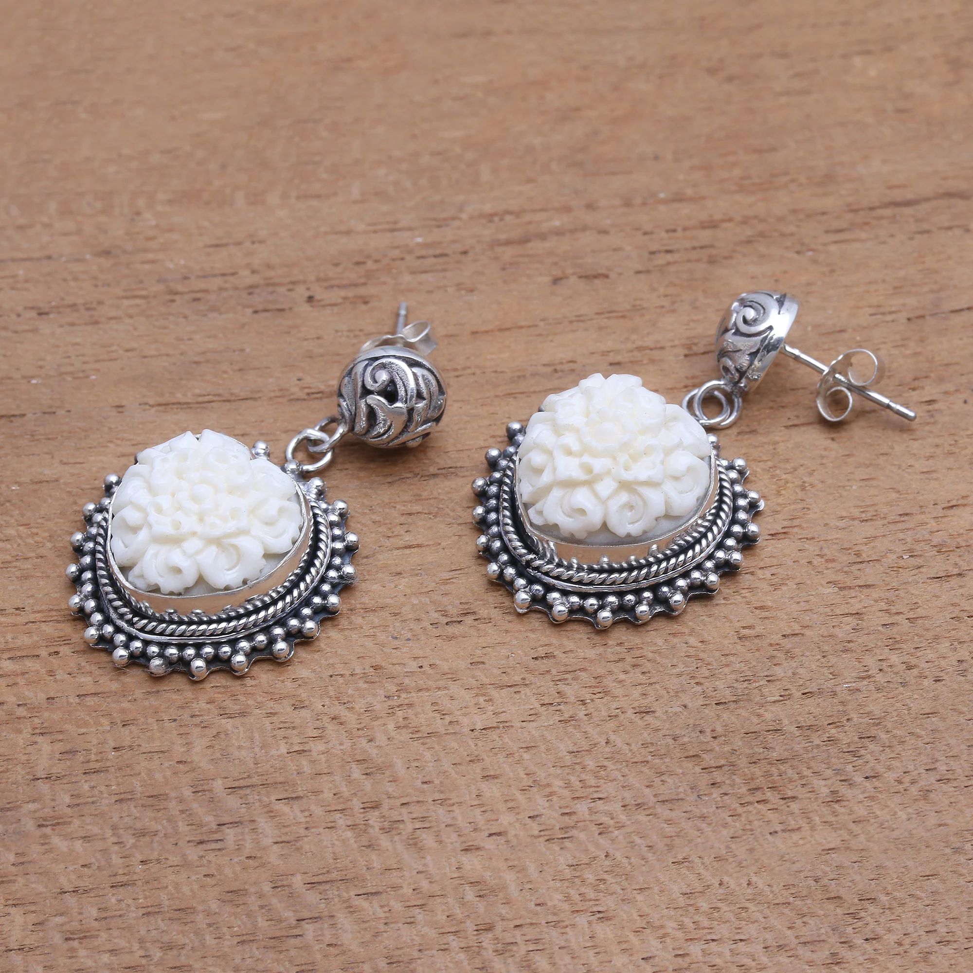 Luminous Petals Floral Sterling Silver and Bone Dangle Earrings from Bali - Image 4