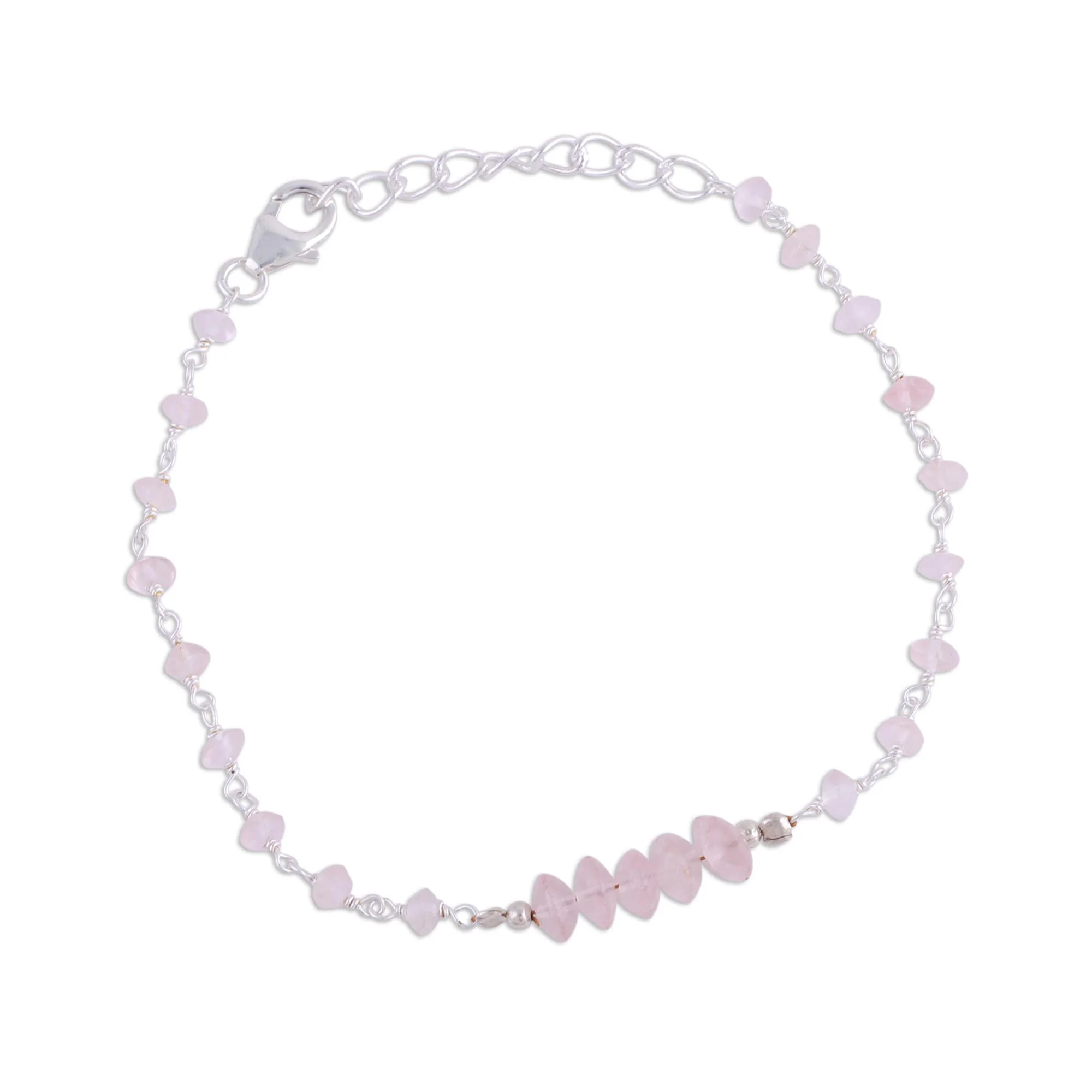Luminous Pink Rose Quartz and Sterling Silver Link Bracelet from India - Image 5