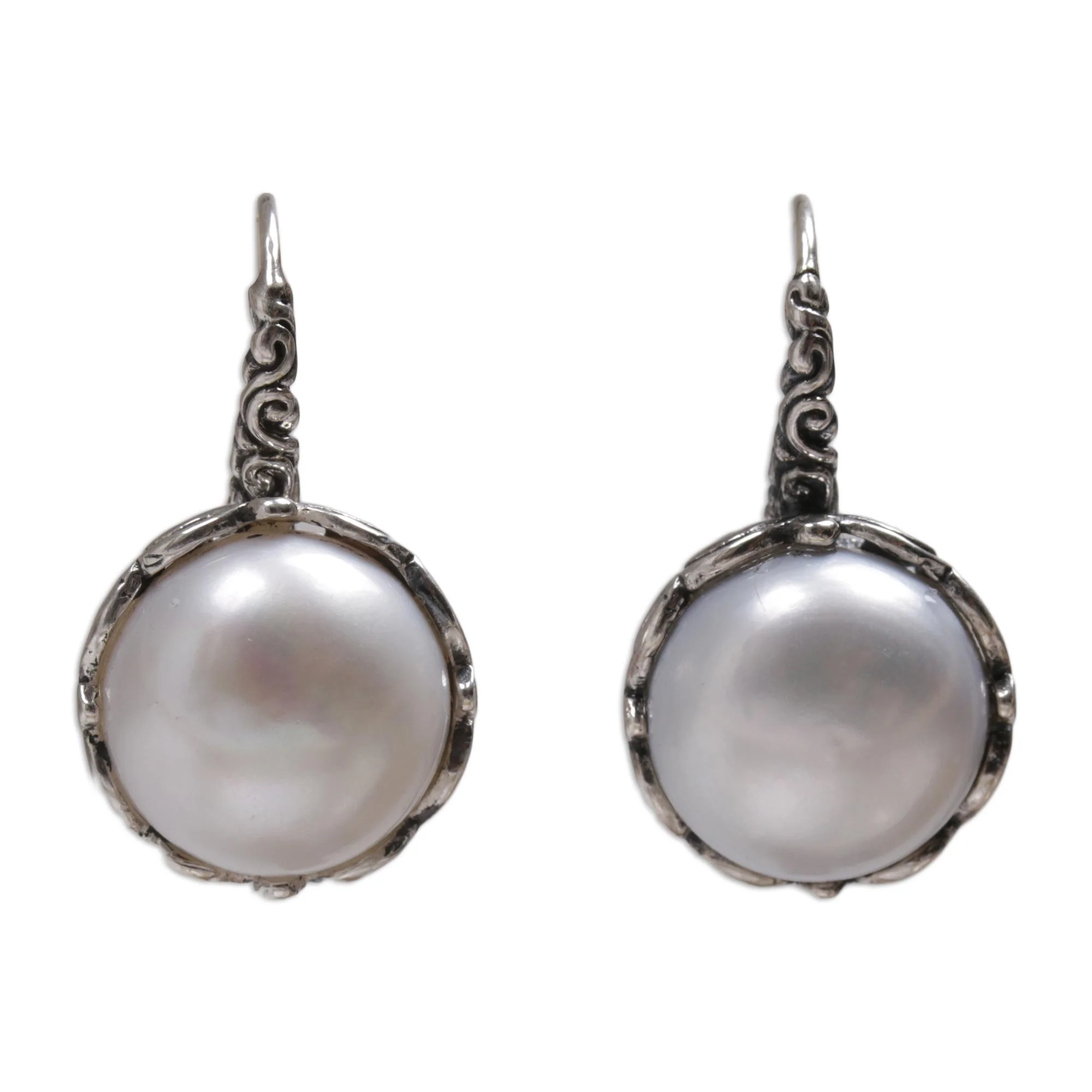 Lunar Bloom Cultured Pearl and Sterling Silver Drop Earrings from Bali - Image 2