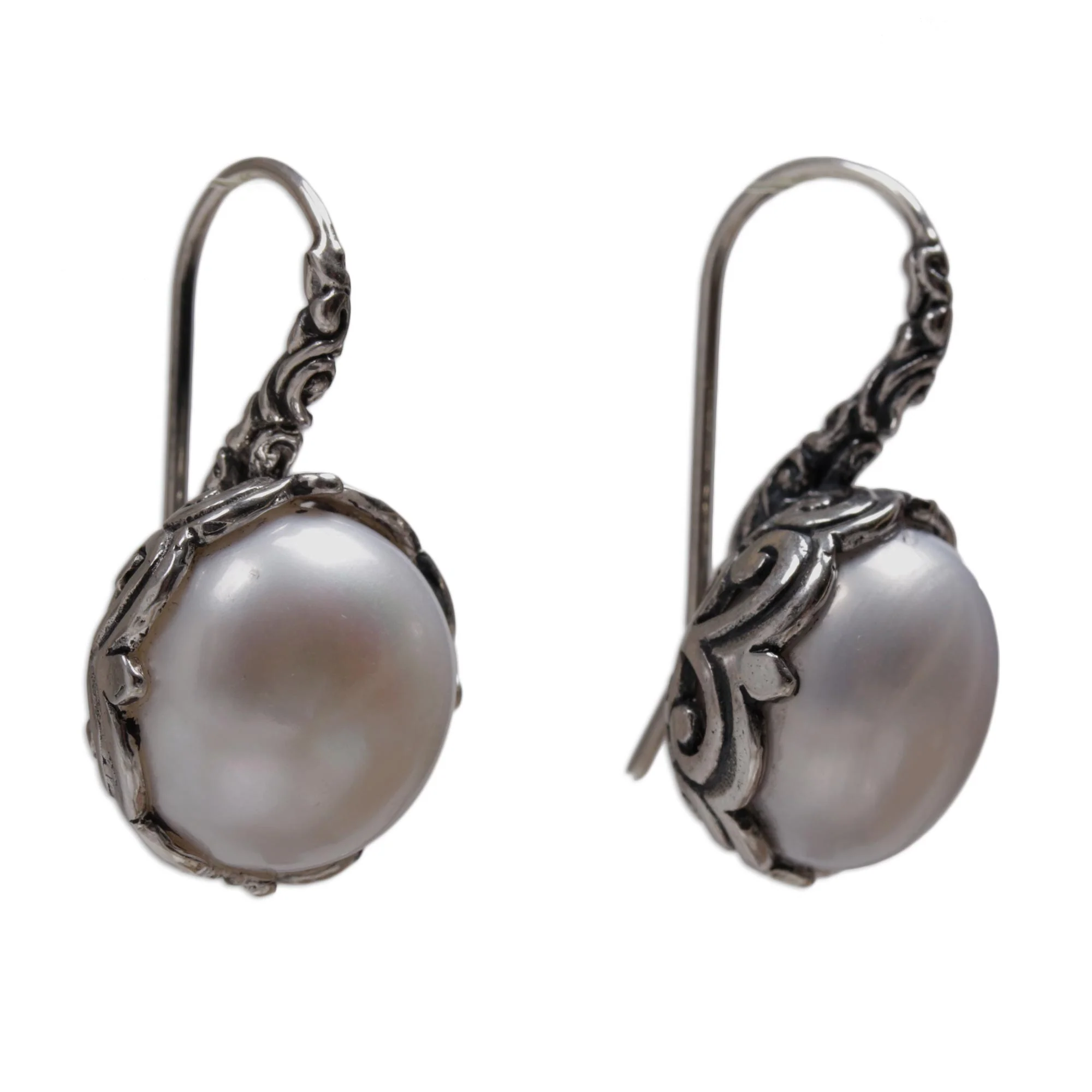 Lunar Bloom Cultured Pearl and Sterling Silver Drop Earrings from Bali - Image 4