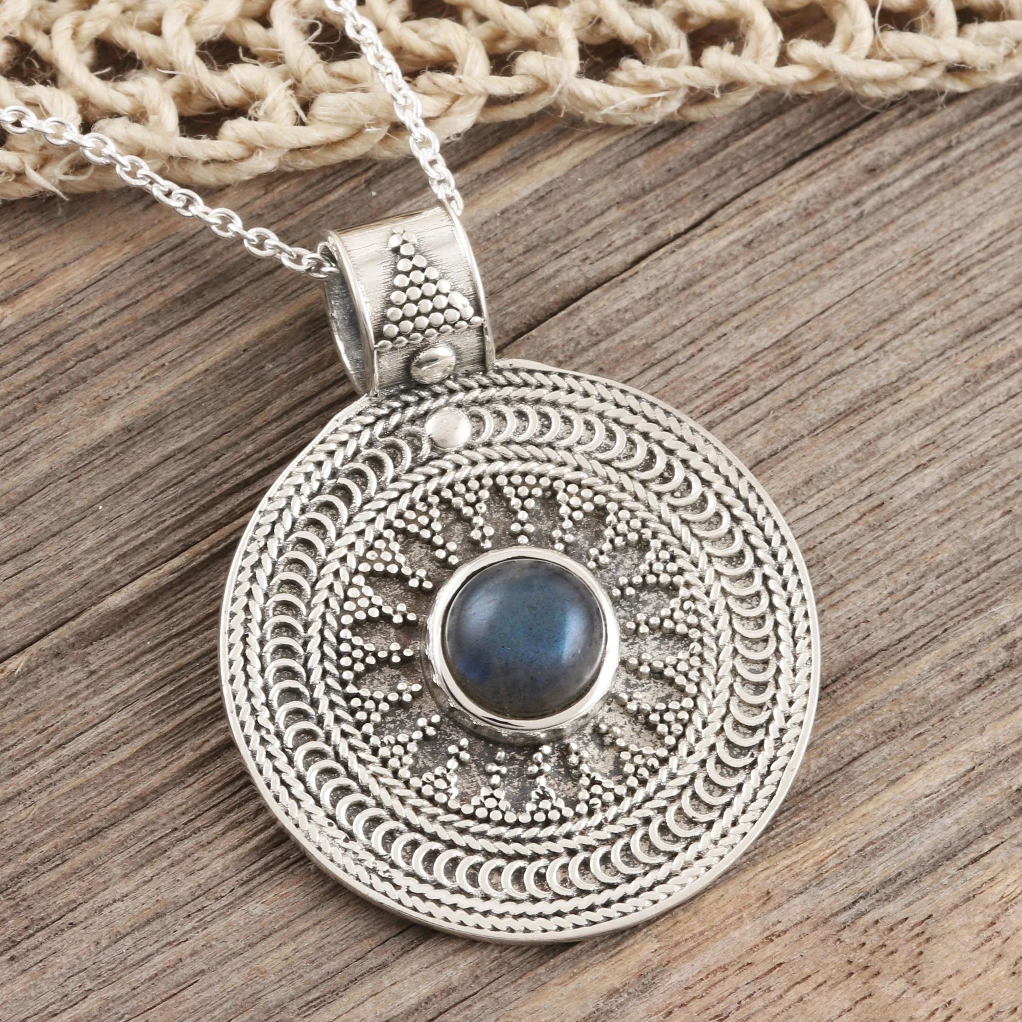 Lunar Love Sterling Silver Medallion Pendant with Labradorite Cabochon - Image 3