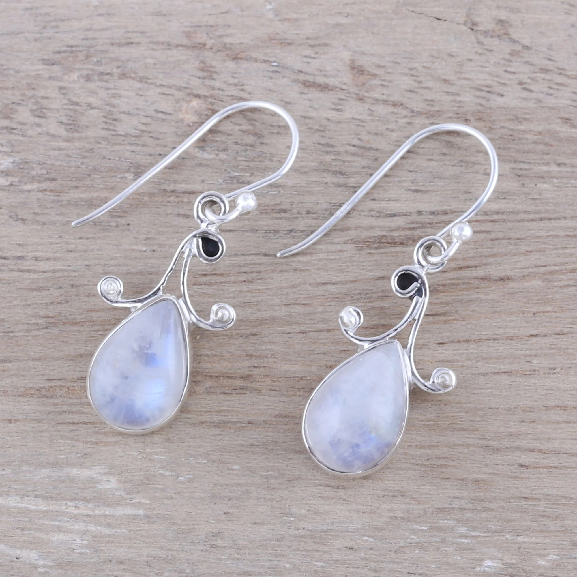 Lustrous Drops Teardrop Rainbow Moonstone Dangle Earrings from India - Image 3