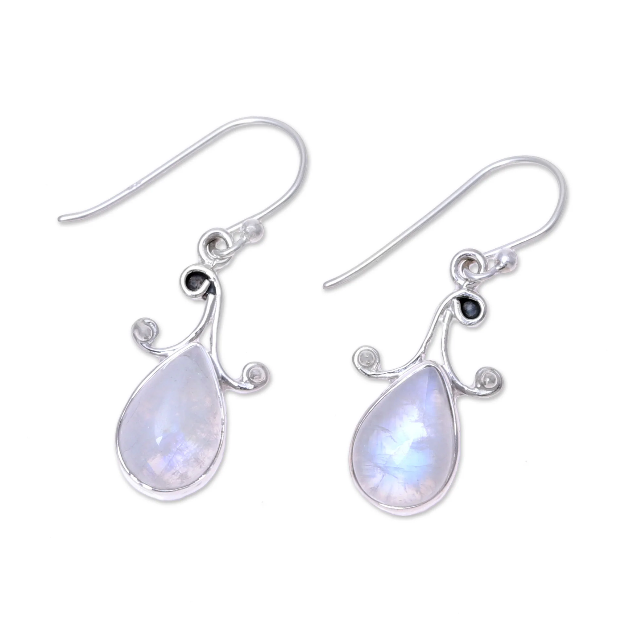 Lustrous Drops Teardrop Rainbow Moonstone Dangle Earrings from India - Image 4
