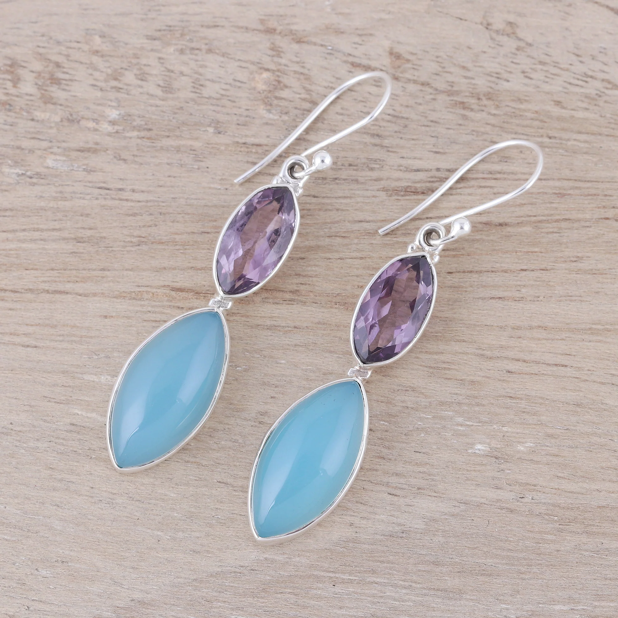 Luxurious Glow Sterling Silver Blue Chalcedony Amethyst Dangle Earrings - Image 3