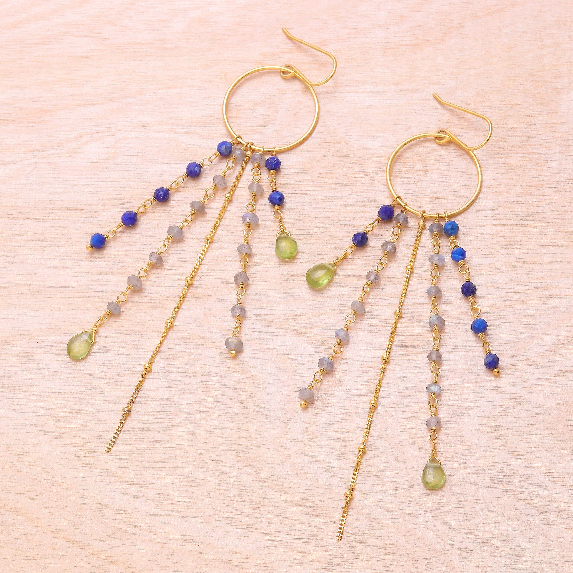 Luxurious Rain Gold Plated Multi-Gemstone Waterfall Earrings from Thailand - Image 3