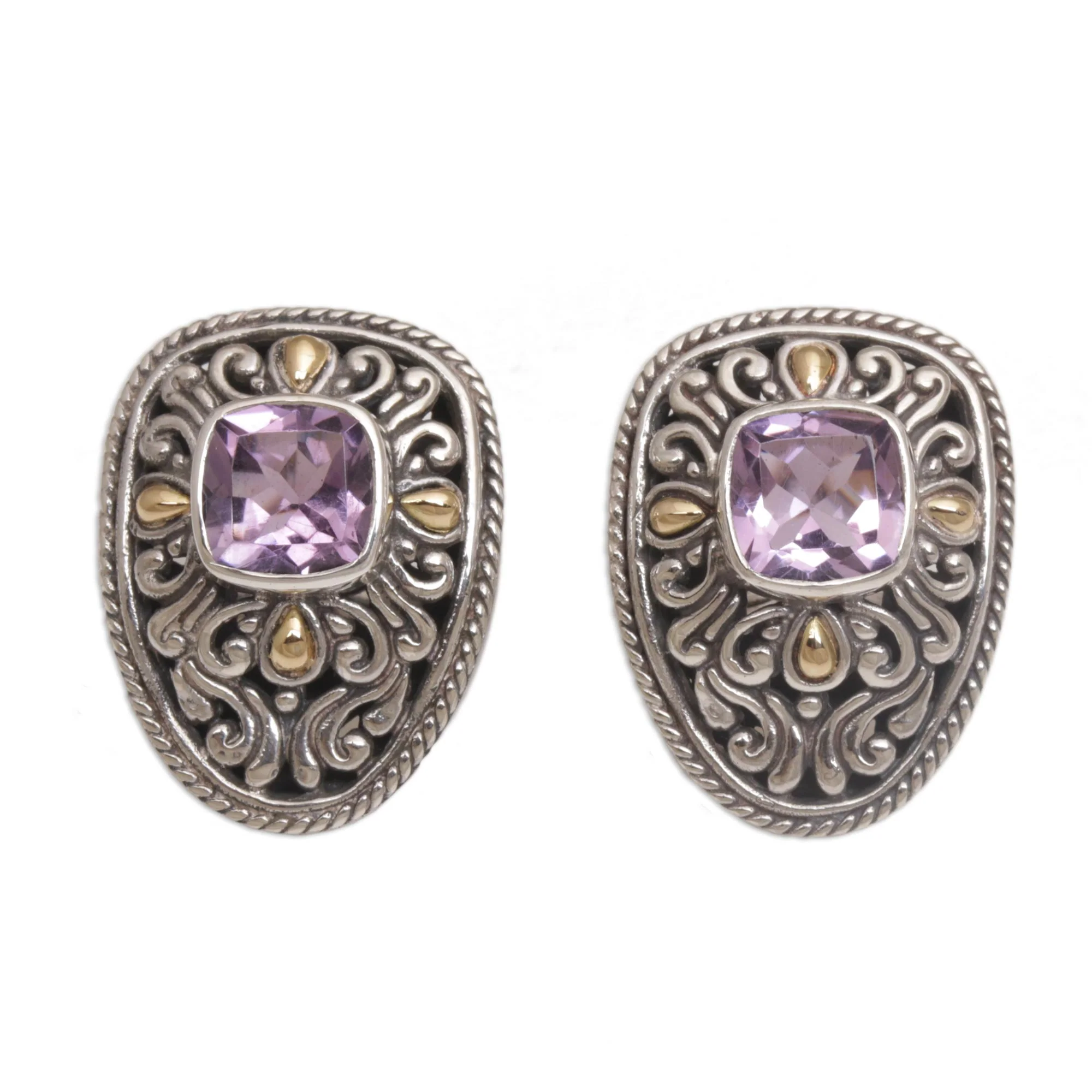 Luxurious Swirls Sterling Silver and Amethyst Drop Earrings with Gold Accents - Image 2