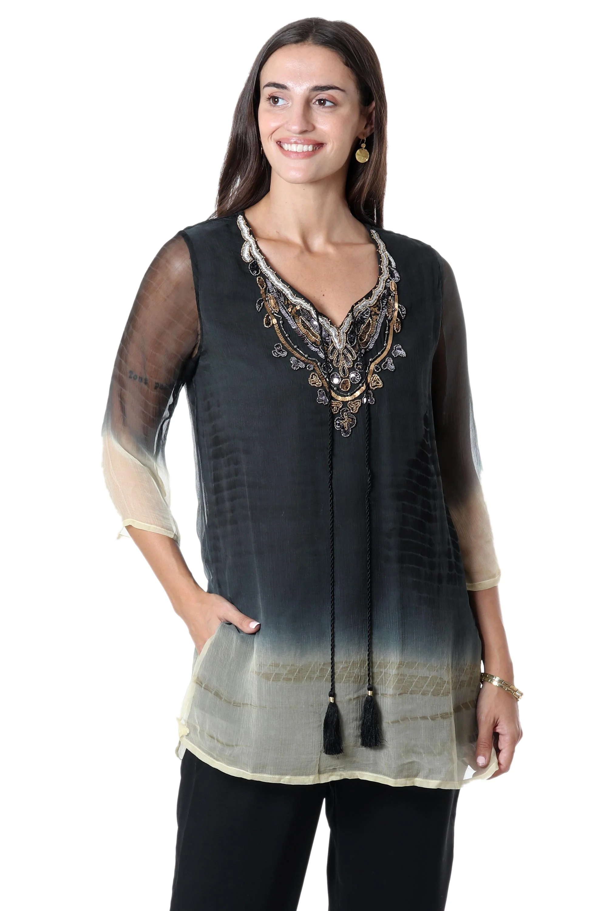 Magical Glamour Tie-Dyed Viscose Tunic with Glass Bead Detail - Image 2