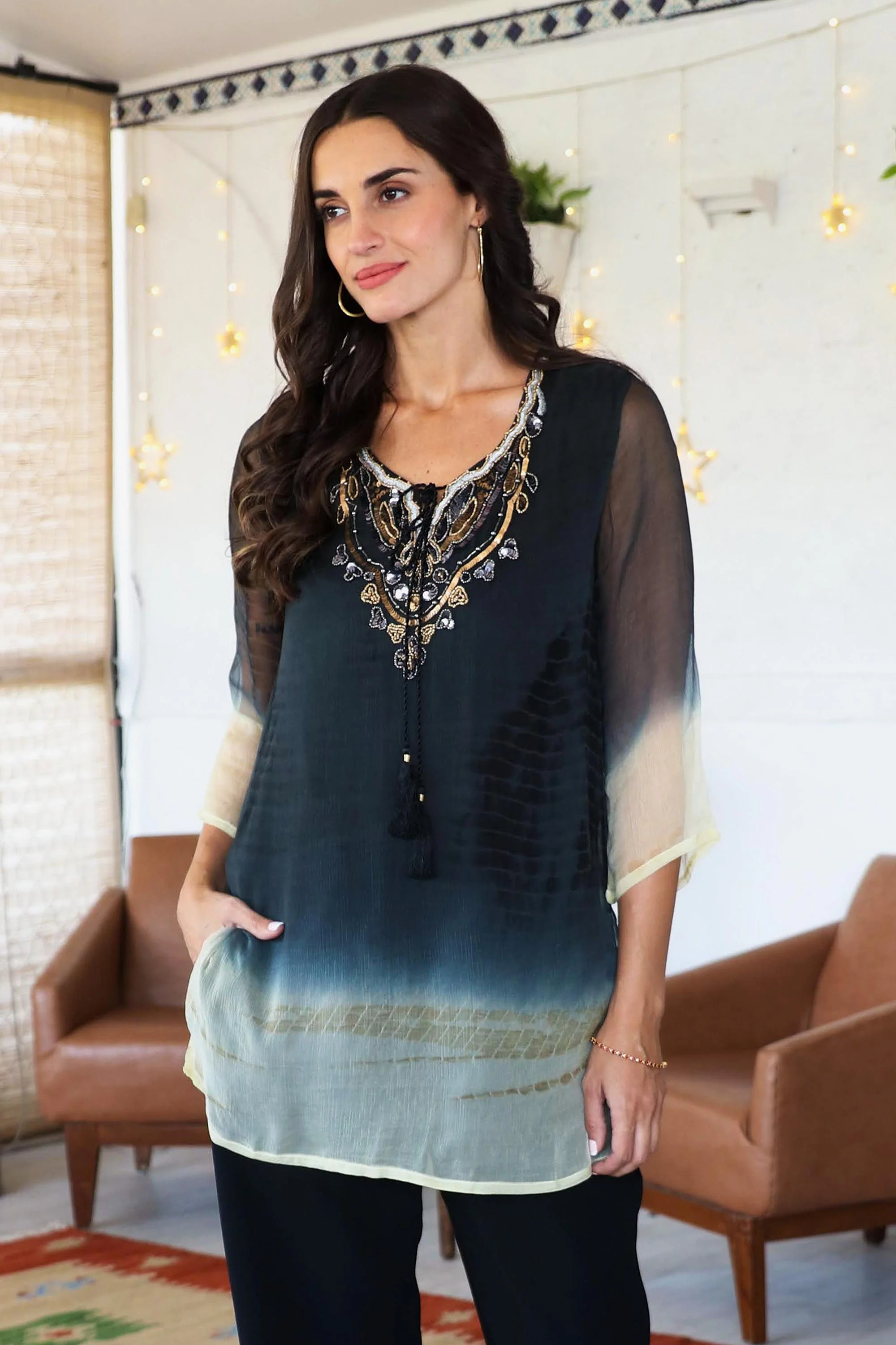 Magical Glamour Tie-Dyed Viscose Tunic with Glass Bead Detail - Image 3