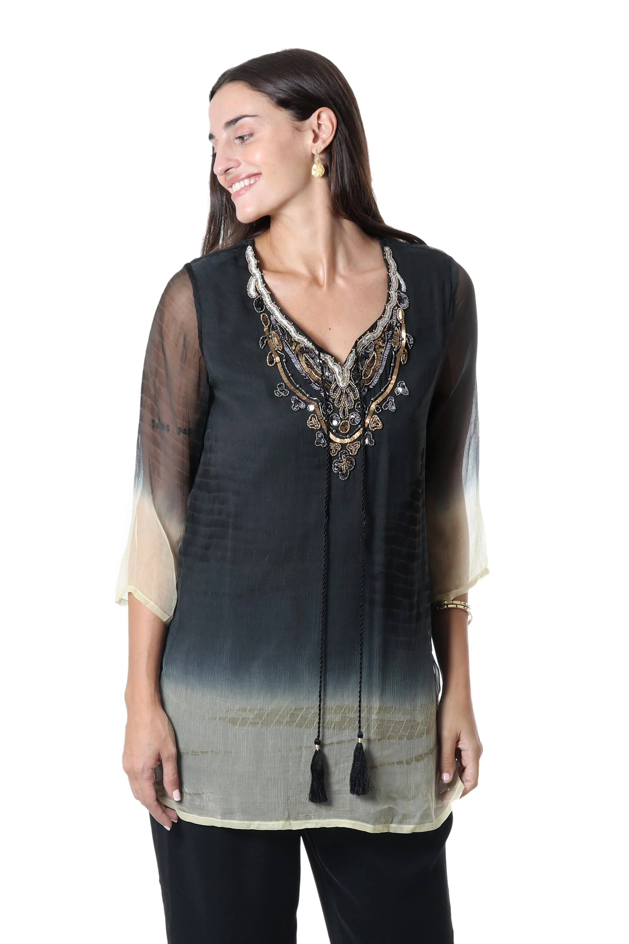 Magical Glamour Tie-Dyed Viscose Tunic with Glass Bead Detail - Image 4