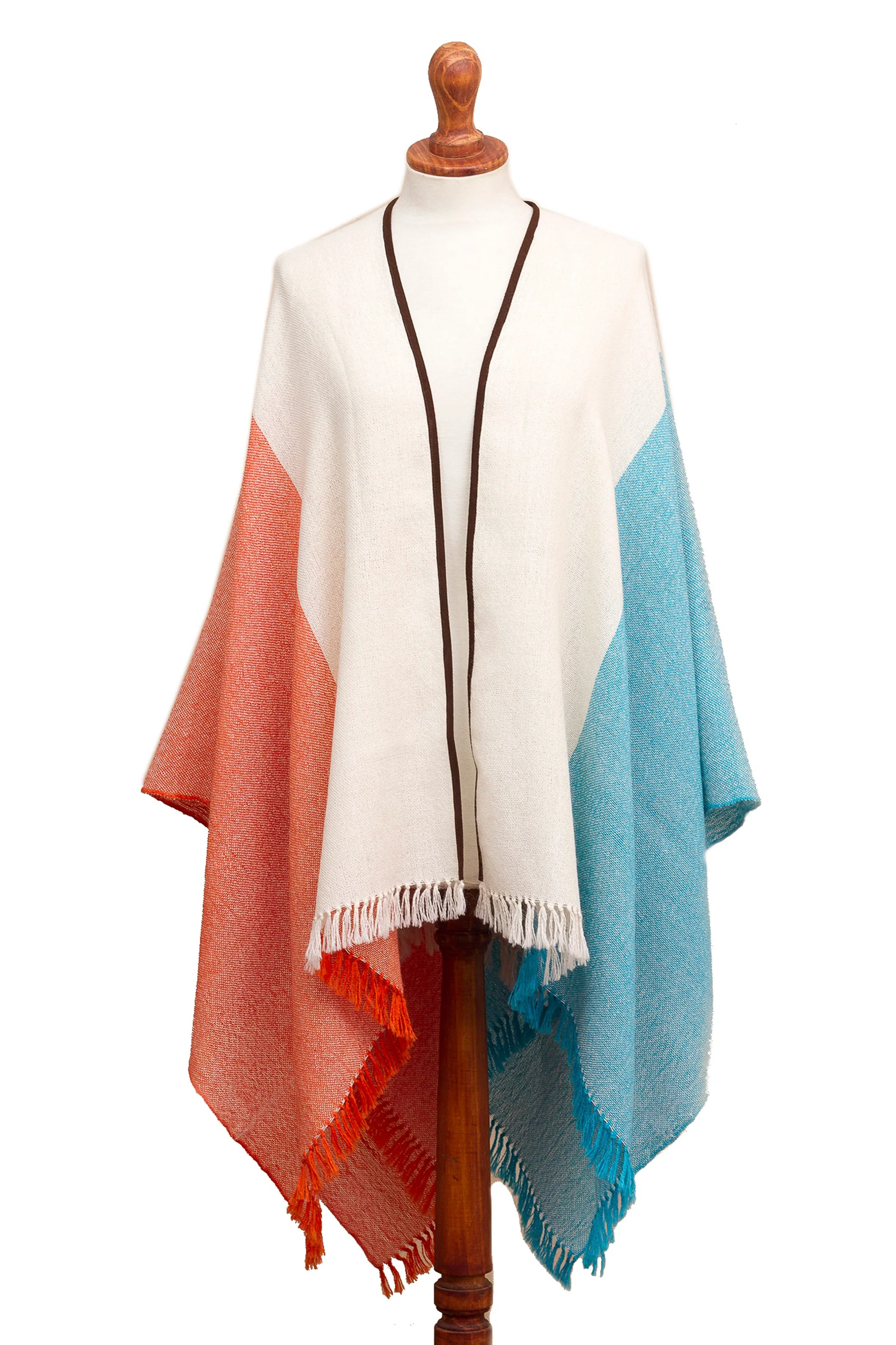 Majestic Combination Tri-Color Suede Trimmed 100% Baby Alpaca Ruana from Peru - Image 2