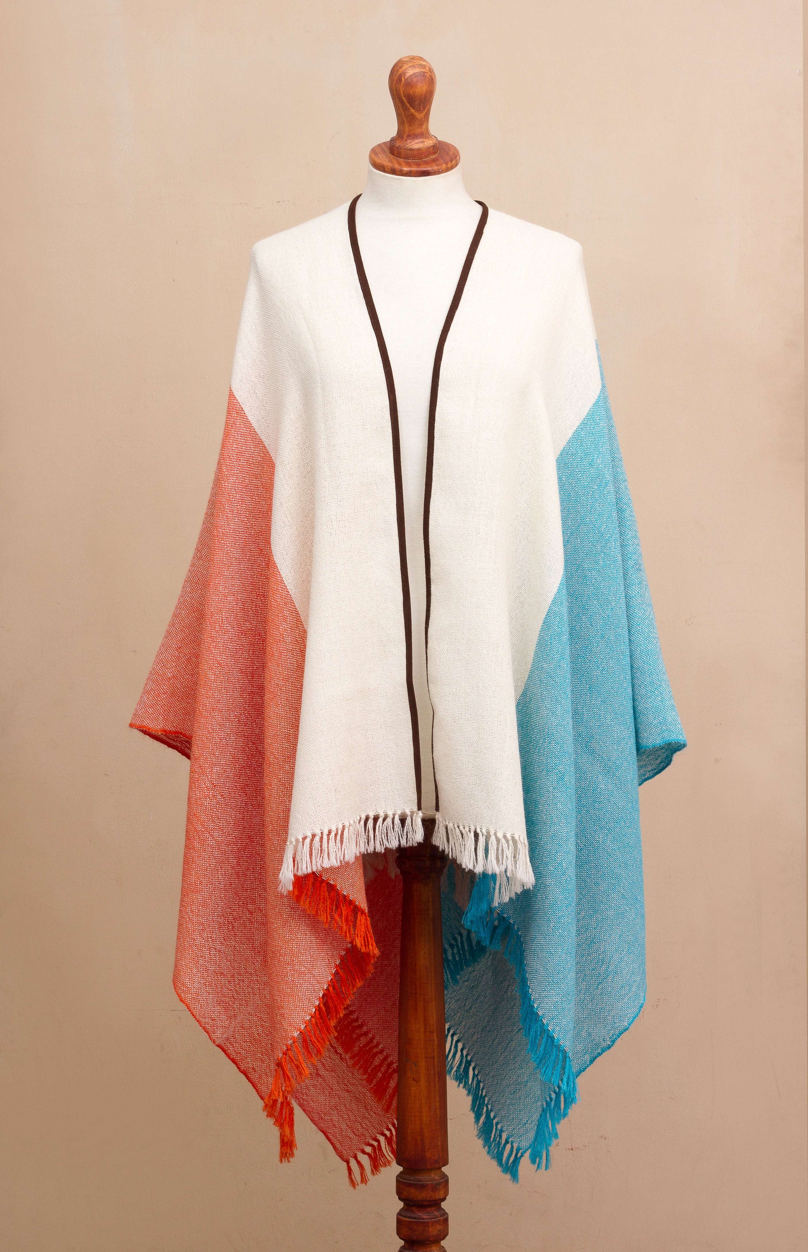 Majestic Combination Tri-Color Suede Trimmed 100% Baby Alpaca Ruana from Peru - Image 4