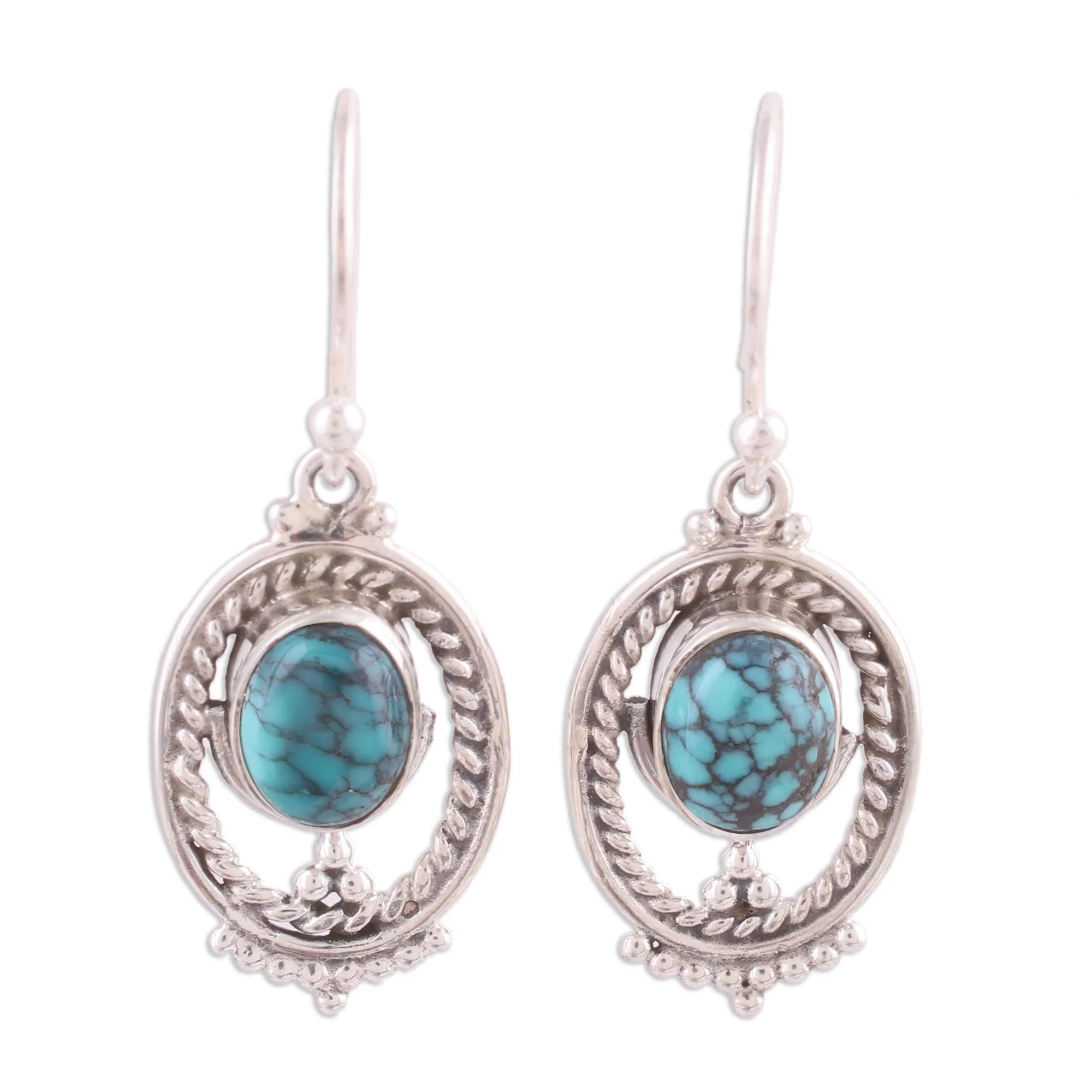Majestic Ovals Oval Silver and Composite Turquoise Earrings from India - Image 2