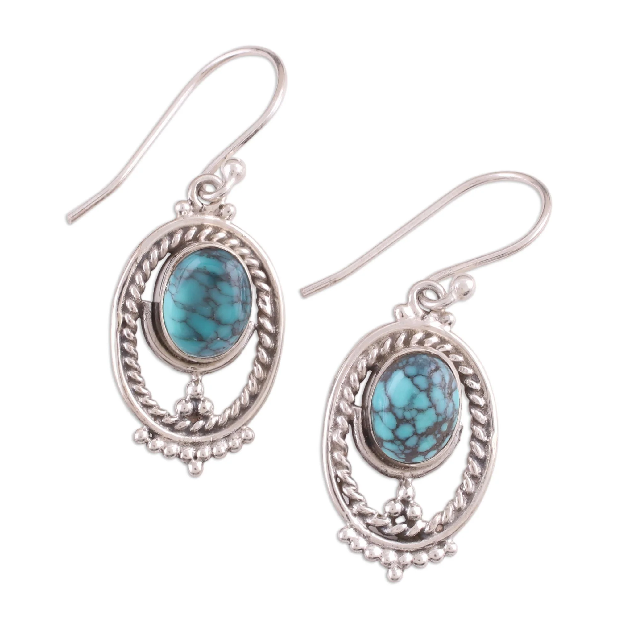 Majestic Ovals Oval Silver and Composite Turquoise Earrings from India - Image 5