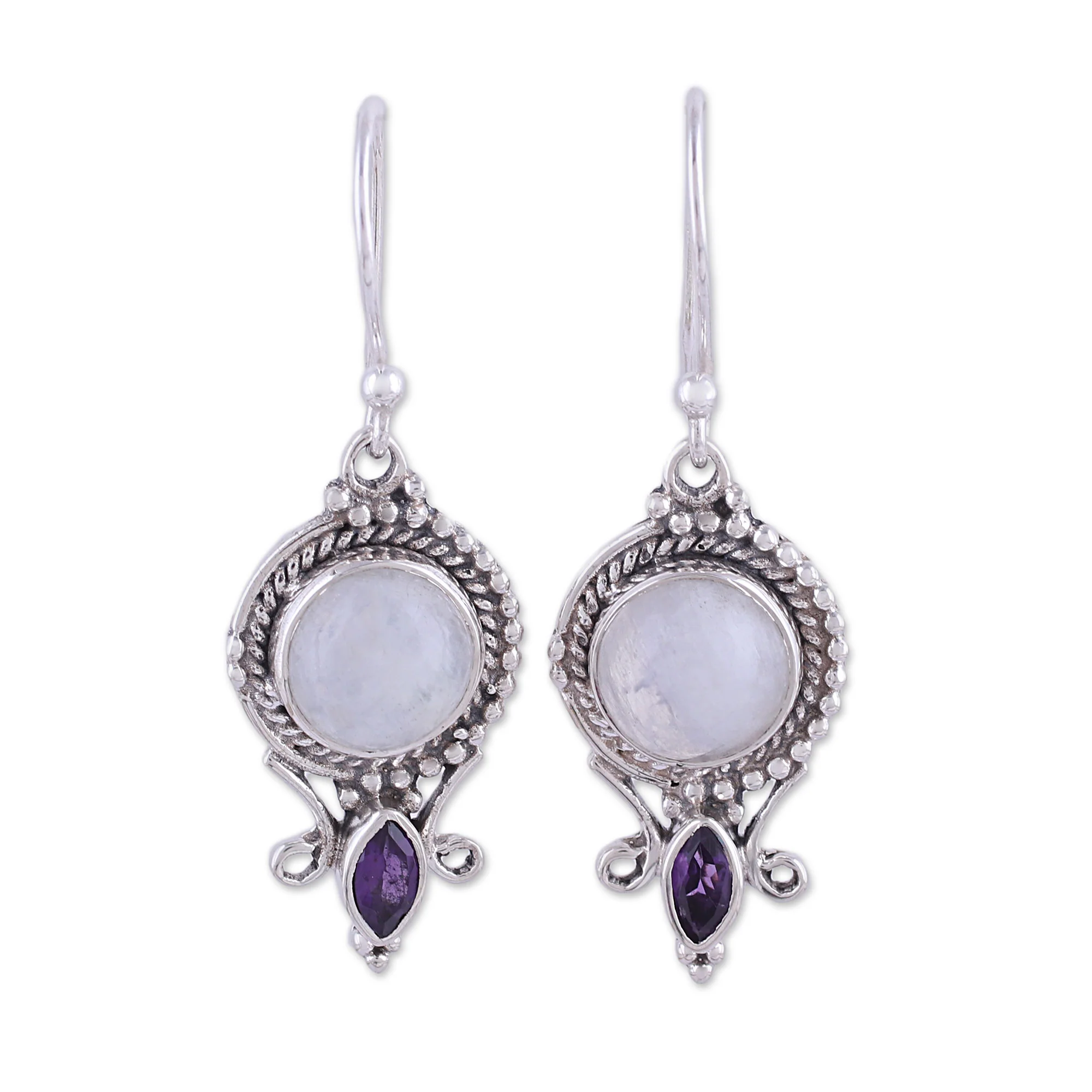 Majestic Windows Rainbow Moonstone and Amethyst Dangle Earrings from India - Image 2