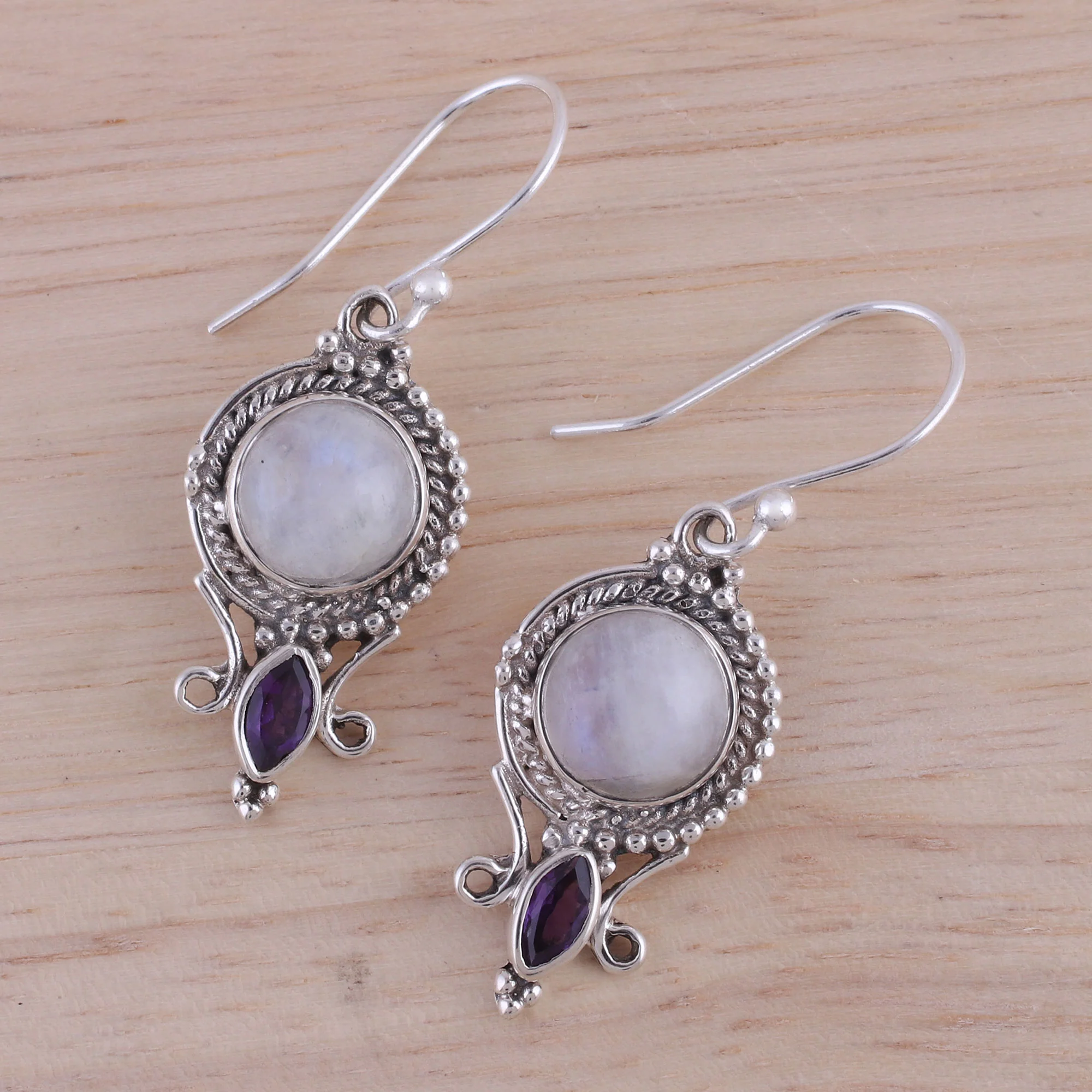 Majestic Windows Rainbow Moonstone and Amethyst Dangle Earrings from India - Image 4